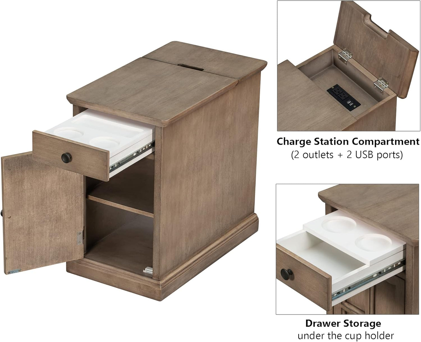 Traditional Wood End Table with Charging Station, Modern Vintage Sofa Chair Side Table Nightstand with Storage & Drawer for Living Room Bedroom, No Assembly, Antique Brown