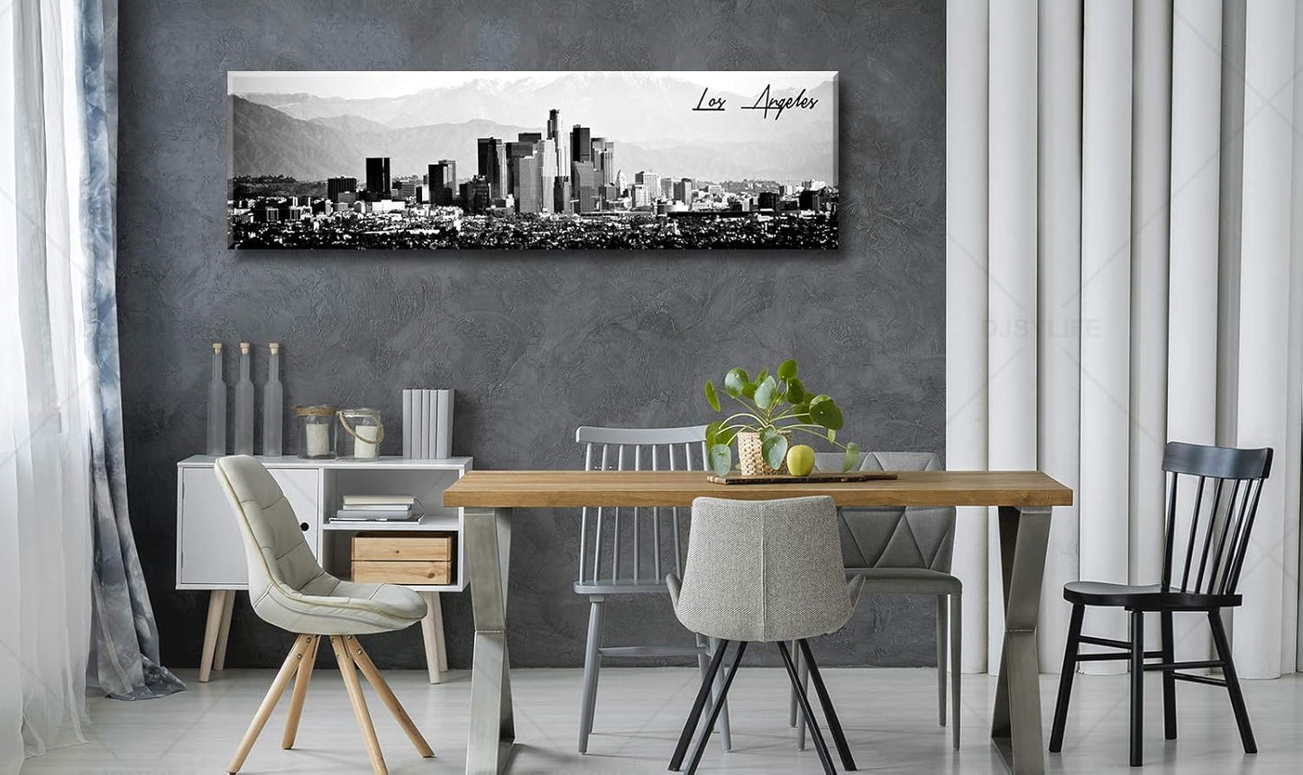 DJSYLIFE Los Angeles Skyline Wall Art Black and White USA Panoramic Cityscape Picture Canvas Prints Artwork for Bedroom Men Room Office Decoration Painting Ready to Hang 13.8"x47.3"
