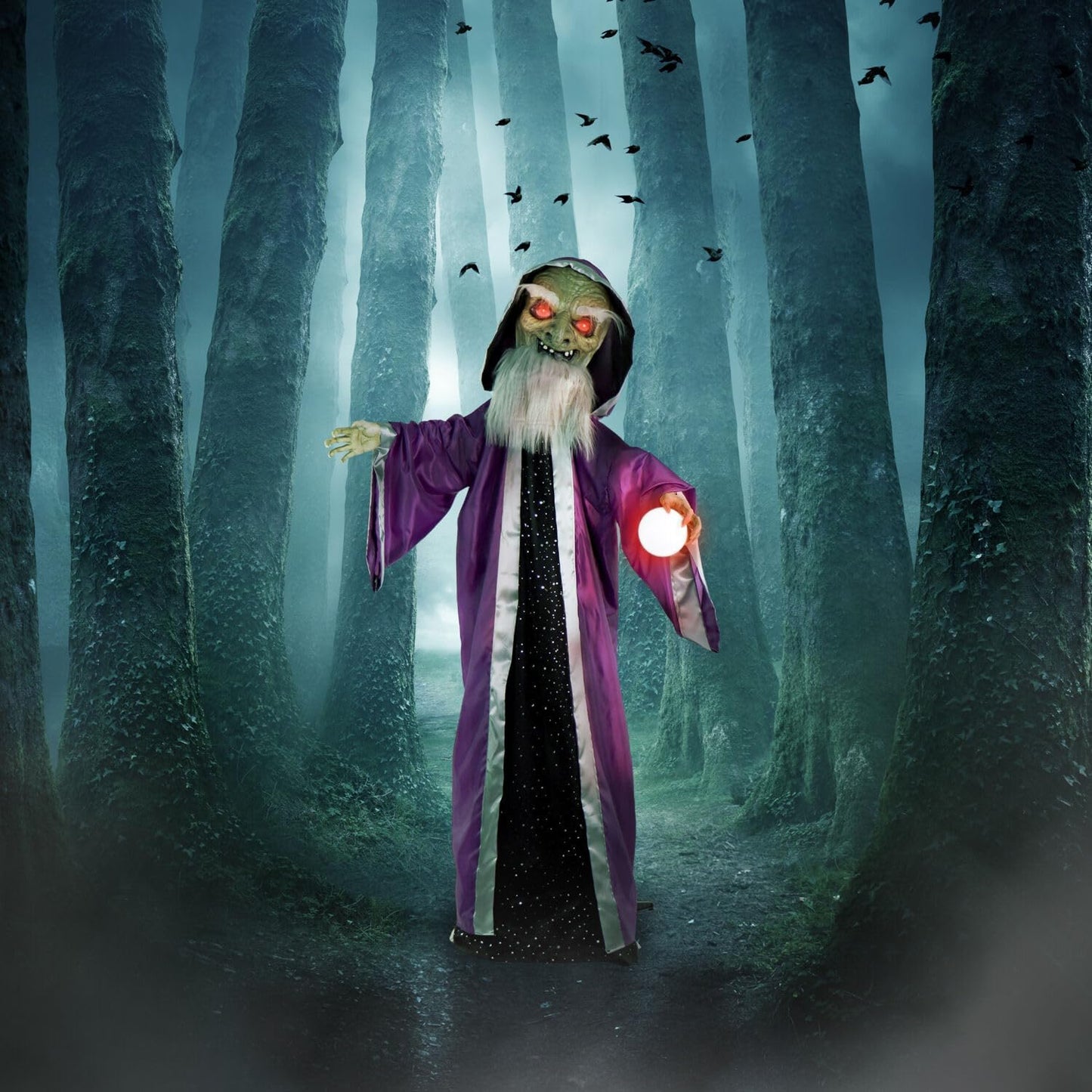 Haunted Hill Farm Talking Wizard Halloween Animatronic with Movement and Light-Up Crystal Ball for Scary Indoor or Covered Outdoor Halloween Decorations, Battery Operated Halloween Prop
