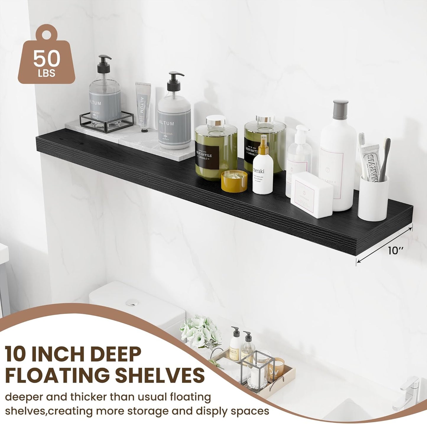 Fun Memories 10 Inch Deep Shelves, Floating Shelves for Wall 48 Inches Long, Wood Floating Shelves for Wall, Large Storage Shelves Wall Mount for Living Room Bedroom, Black, Set of 1