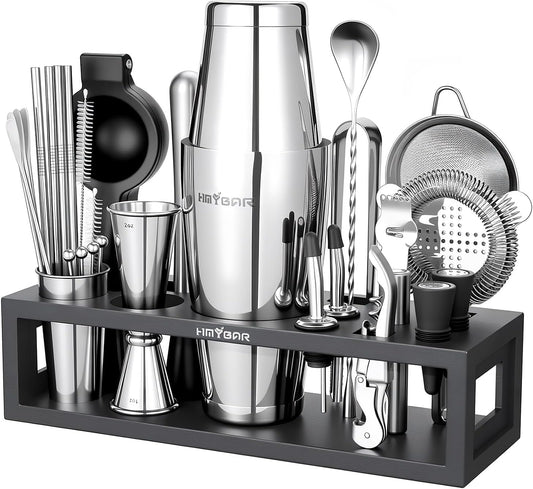 HMYBAR® Mixology Bartender kit | Cocktail Shaker Set | Boston Shaker Set, 20/28 OZ | Martini Making Set for Home Bar. Total 31 pcs incl 39-Recipe Cocktail Cards. Silver Tools. Bamb Stand Black Color