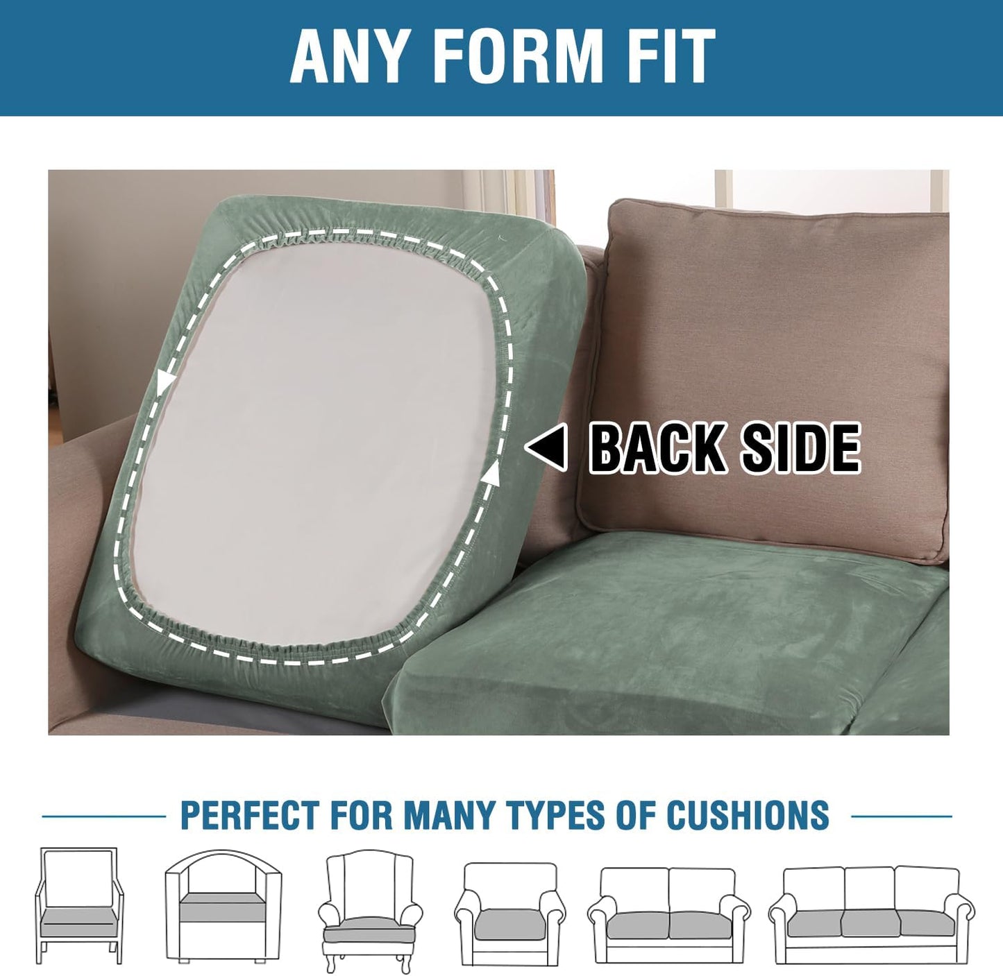 H.VERSAILTEX Velvet Stretch Couch Cushion Cover Plush Cushion Slipcover for Chair Loveseat Sofa Cushion Furniture Protector Seat Cushion Sofa Cover (3 Piece XL Sofa Cushion Covers, Sea Grass)