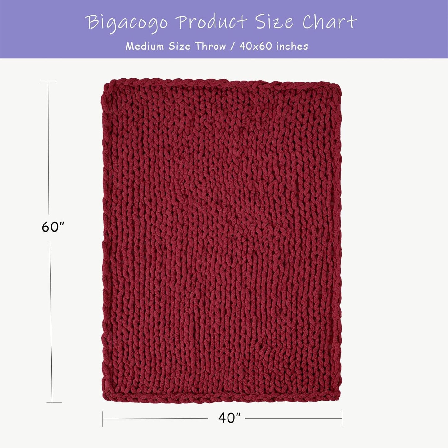 Bigacogo Chunky Knit Throw Blanket for Couch, 40x60 inches, 100% Hand Knitted with Thick Jumbo Chenille Yarn, Cozy Soft Large Rope Knot Cable Crochet Blankets for Sofa Bed Living Room, Red