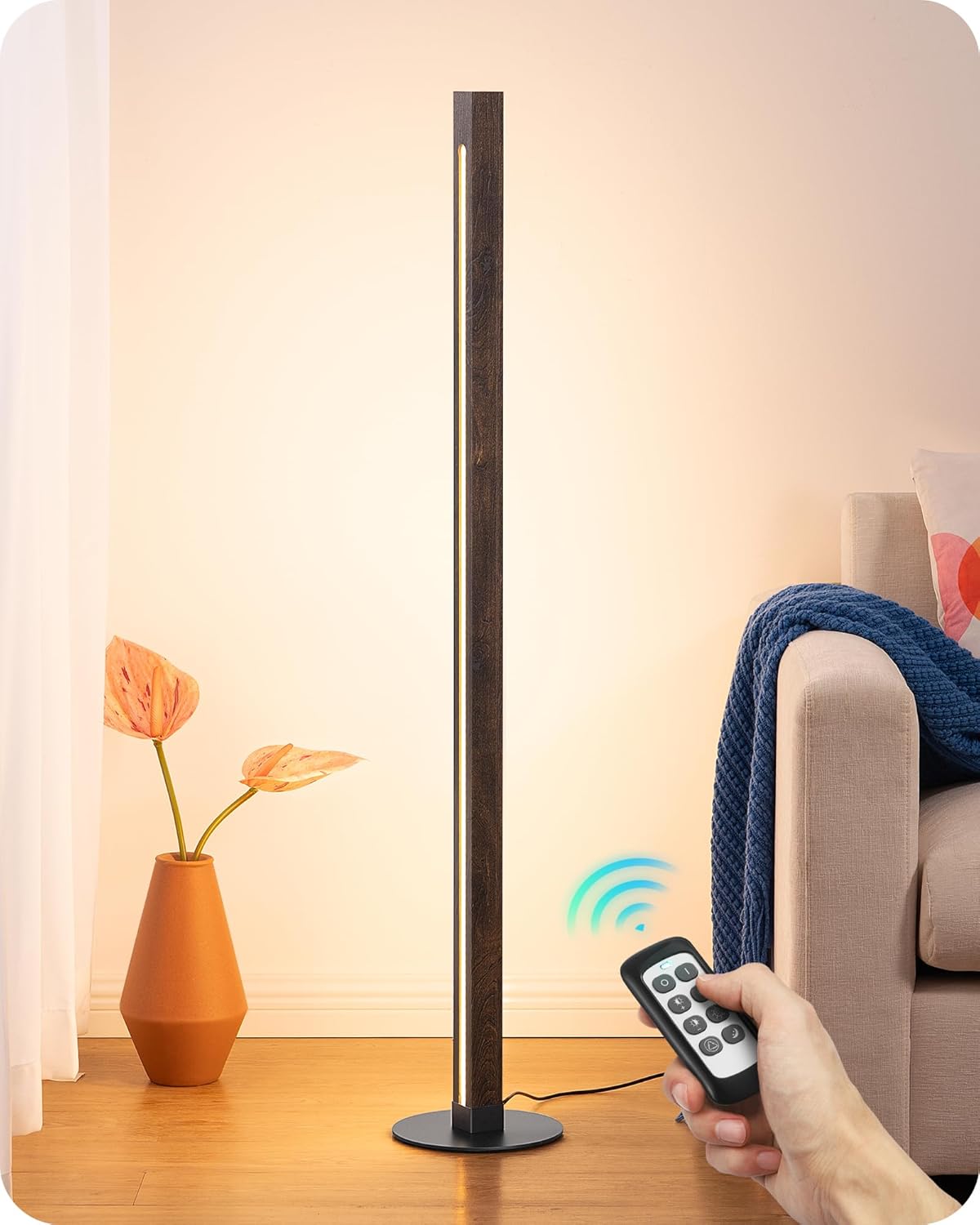 EDISHINE Floor Lamps for Living Room, Upgraded Dual-Sided Lighting, Wooden Corner Floor Lamp, LED Corner Lamp with Remote/Foot Control, 7CCT & Dimmable Standing Lamp for Bedroom, Office, Dark Walnut