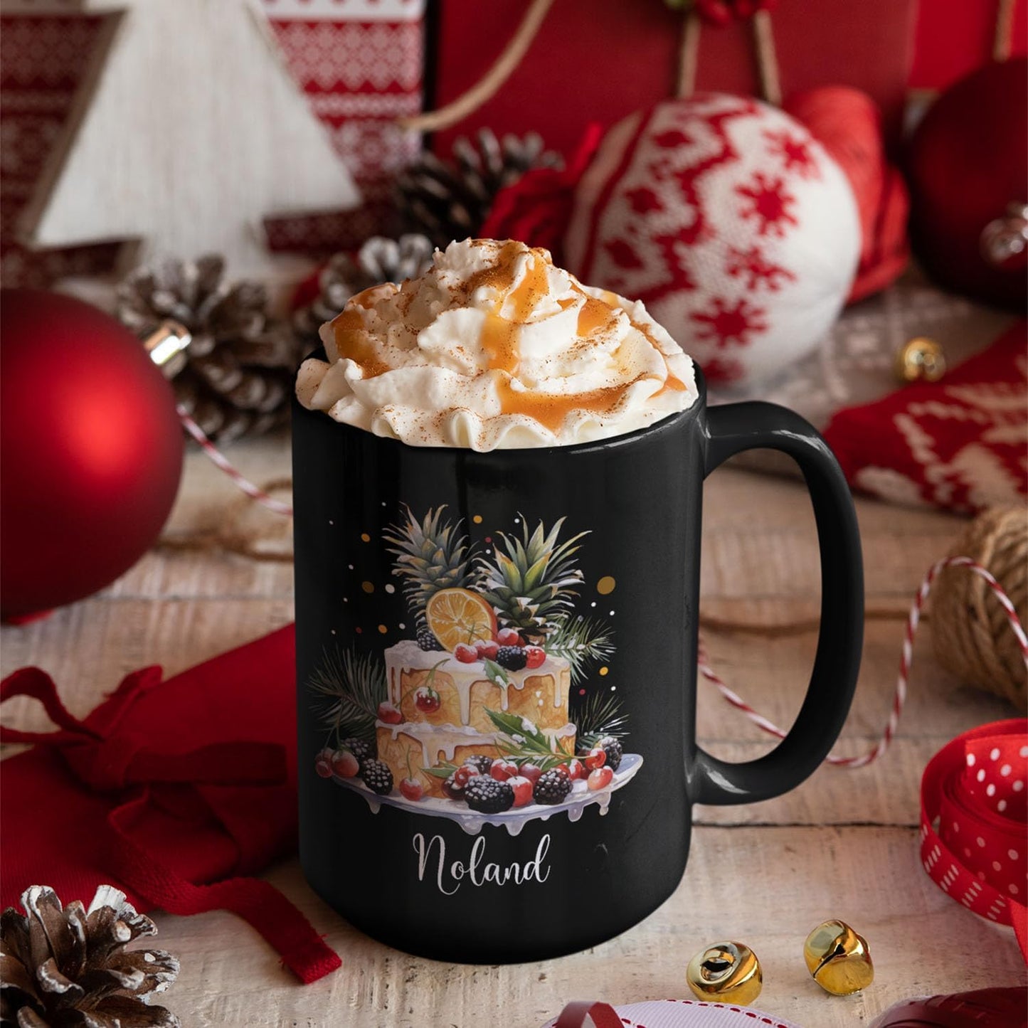 Personalized Christmas Decorative Mug - Fruit Cake Design Coffee Cup for Cake Lovers - Customized Black 11oz/15oz Cup for Daughter