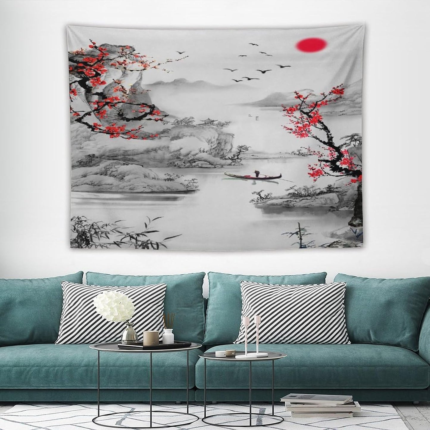 Cherry Blossoms Tapestry,Japanese Red Landscape Watercolor Abstract Art Tapestry,Asian Japanese Wall Tapestry, Nature Landscape Tapestries for Bedroom Living Room Decor 80"x60"