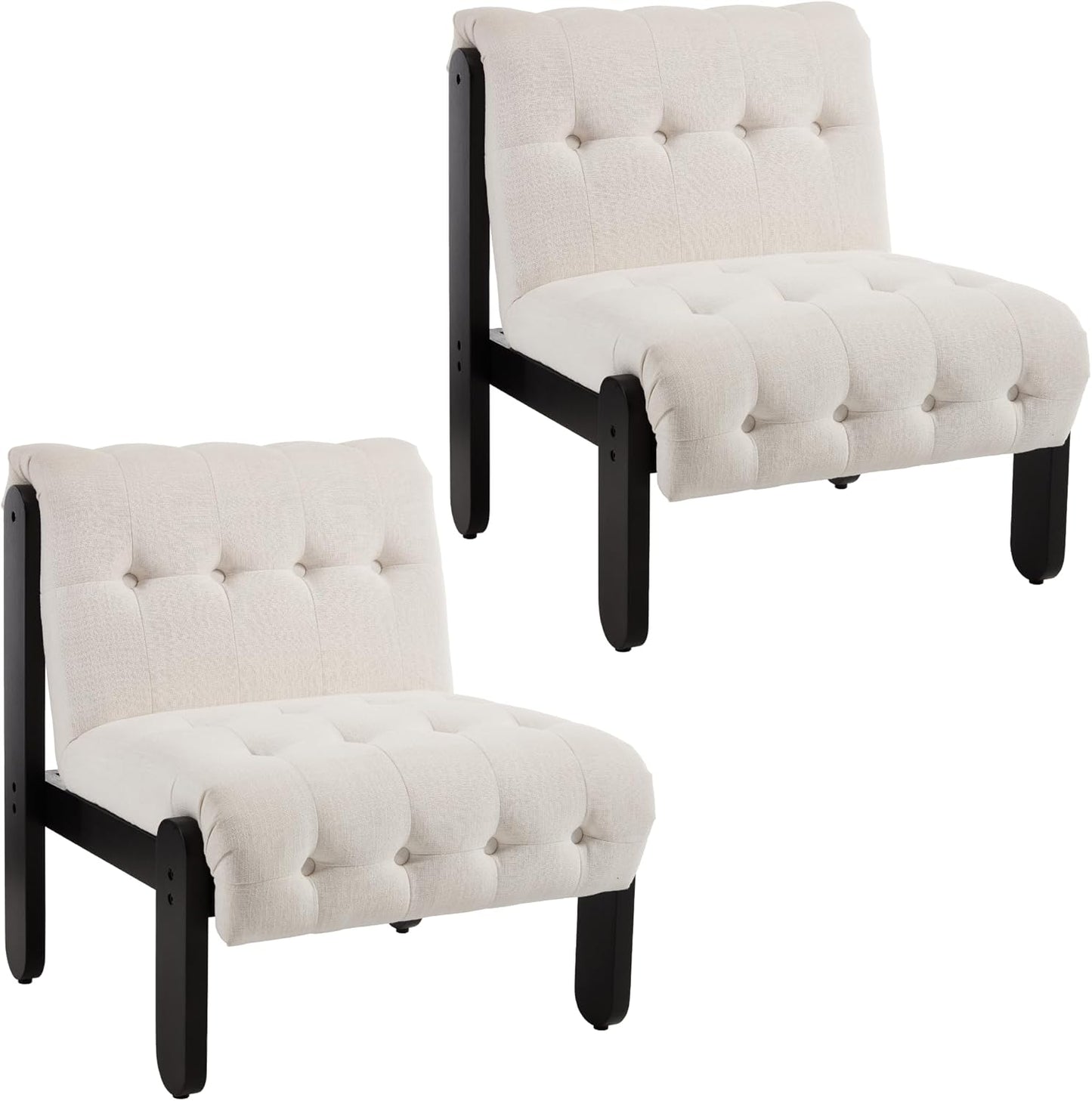Modern Armless Accent Chair Set of 2 for Living Room, Beige Chenille Button Tufted Upholstered Lounge Reading Chair with Black Wood Frame