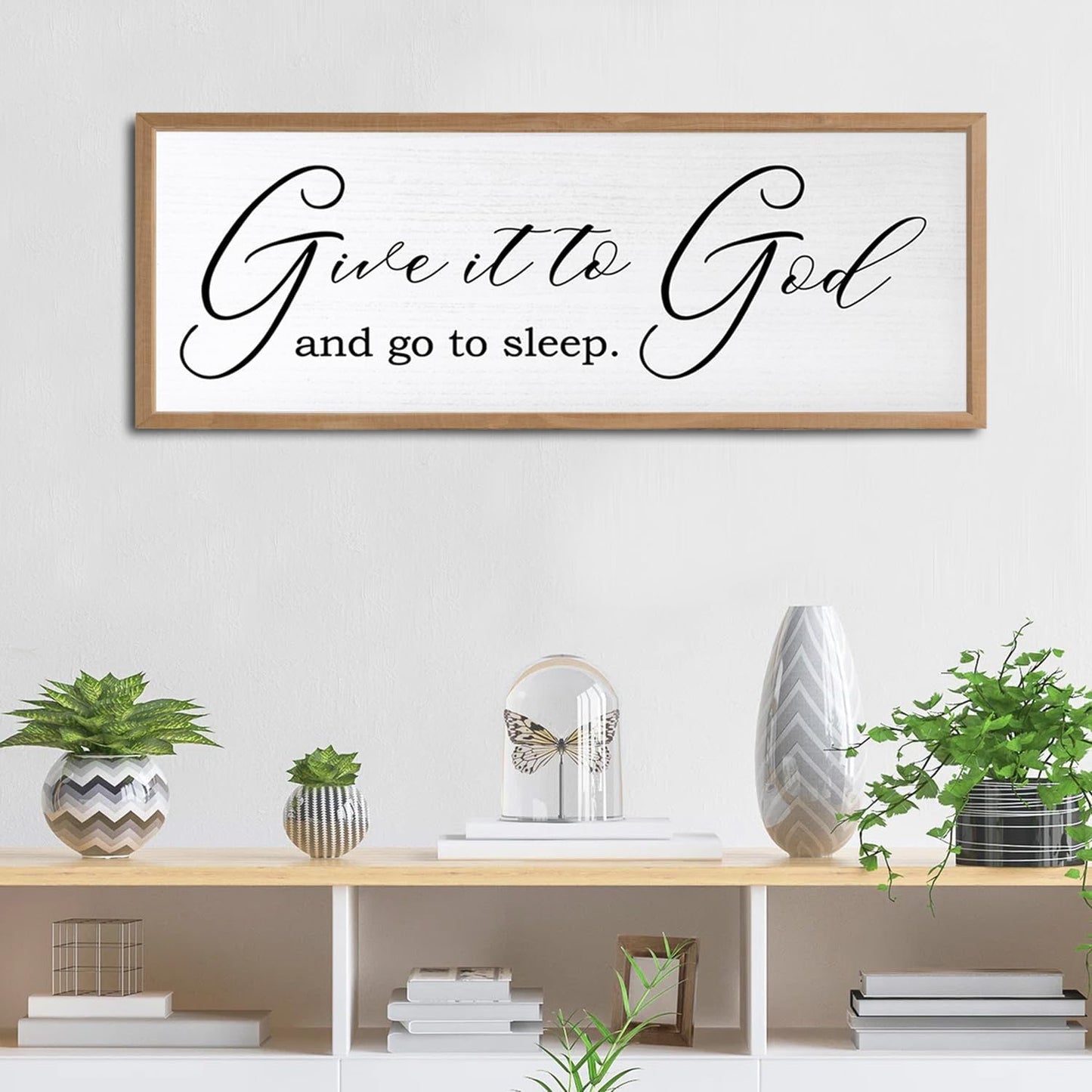 Give It To God And Go To Sleep Sign Wall Decor 40x15 Inch Large Farmhouse Master Bedroom Above Bed Hanging Wall Art Rustic Guest Room Wood Framed Over Bed Wall Decoration (Wood White)