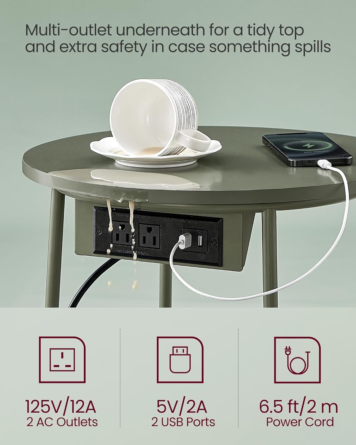 VASAGLE Side Table with Charging Station, Round End Table with Fabric Basket, Nightstand with Power Outlets, USB Ports, for Living Room, Bedroom, Modern, Forest Green and Cream White ULET228C04