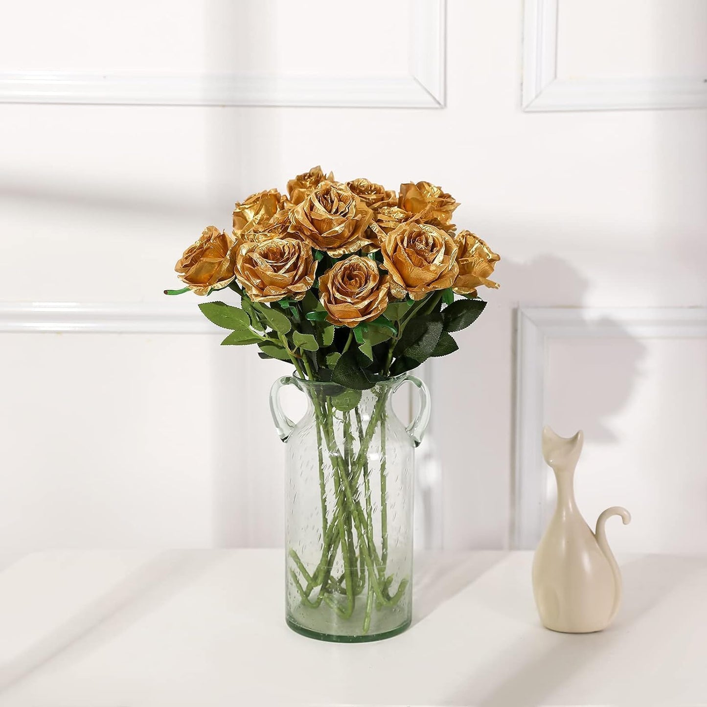 Gold Fake Roses Artificial Flowers - 16 Pcs Fake Artificial Roses Silk Flowers with Stems for Home Wedding Hotel Office Centerpiece Decor