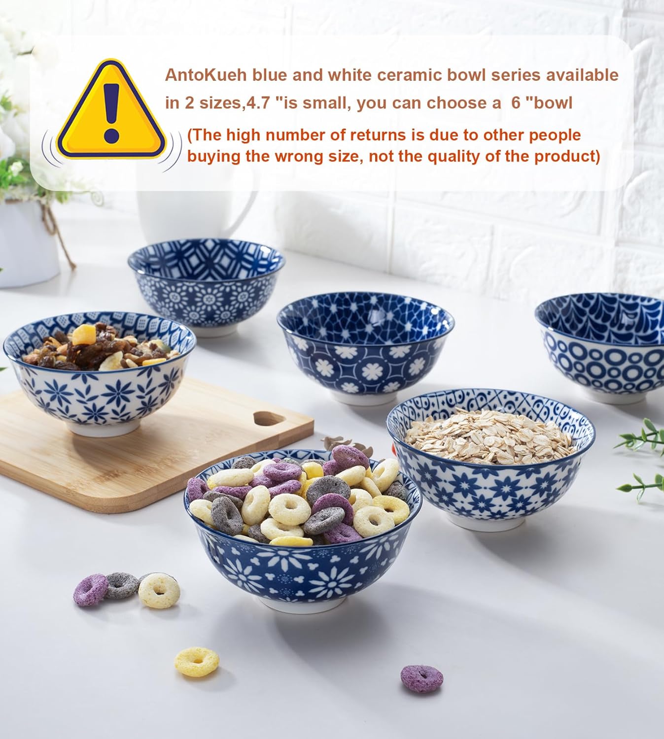 Blue and White Ceramic Bowls Set of 6, 4.7in Small Dessert bowl 10 oz for ice cream, Snack, Porcelain bowl for Dipping,Dishwasher/Microwave safe