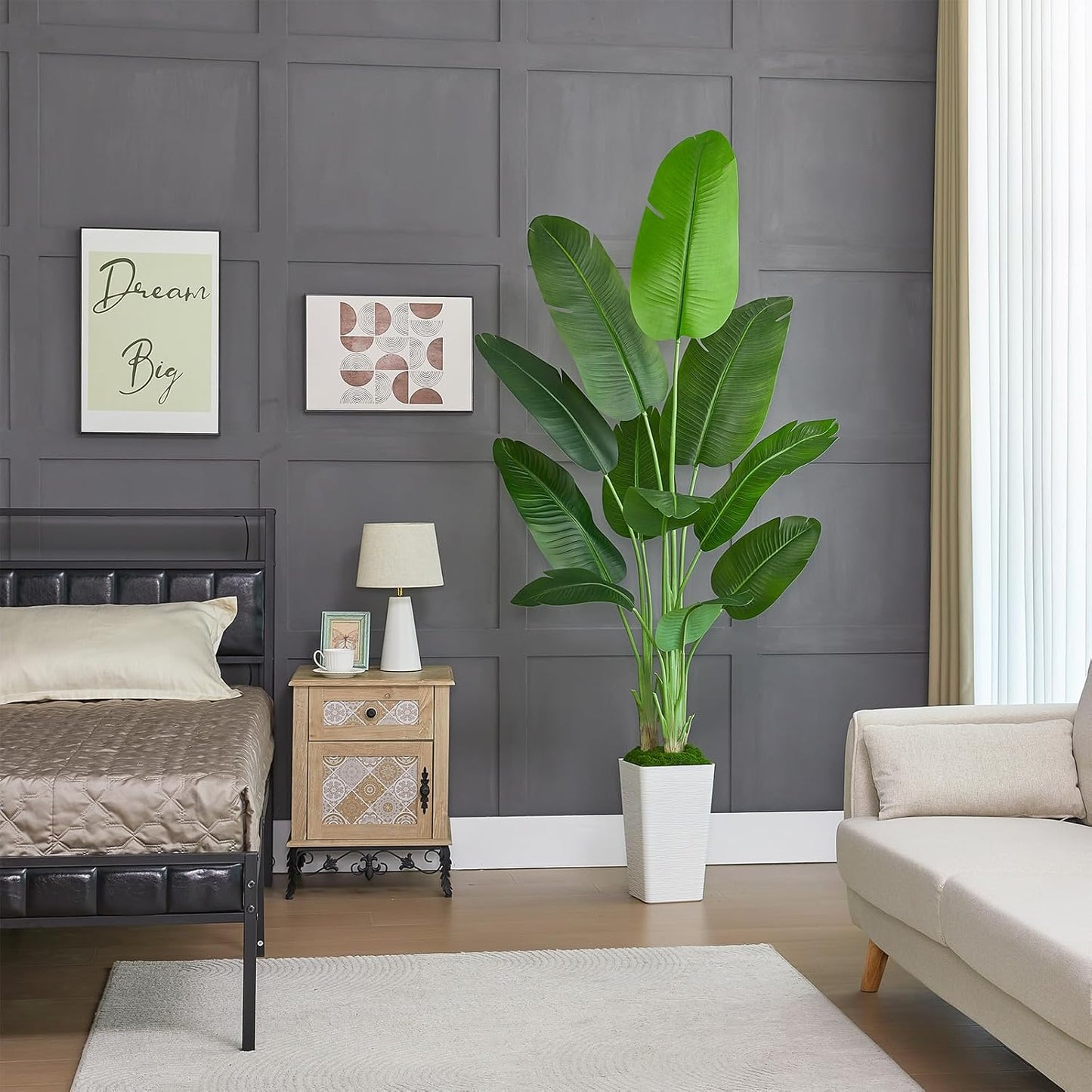 Fake Bird of Paradise Silk Artificial Plant Faux Banana Leaf Tree for Home Decor Indoor Floor Plant with 10 Trunks (1, Black Planter, 6 FT)