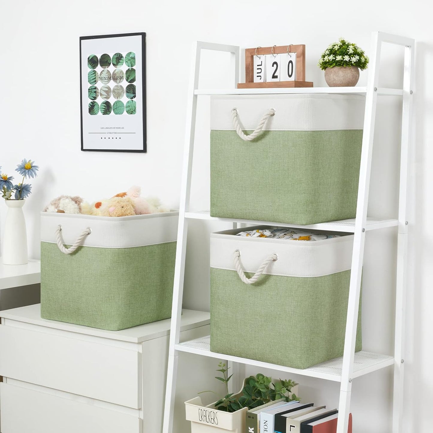 Bidtakay Cubby Storage Bins Set of 3 Fabric Baskets for Shelves Closet Drawer Organizer Storage Cubes 13x13 Collapsible Organization Baskets for Nursery Toy Shelf (White&green)