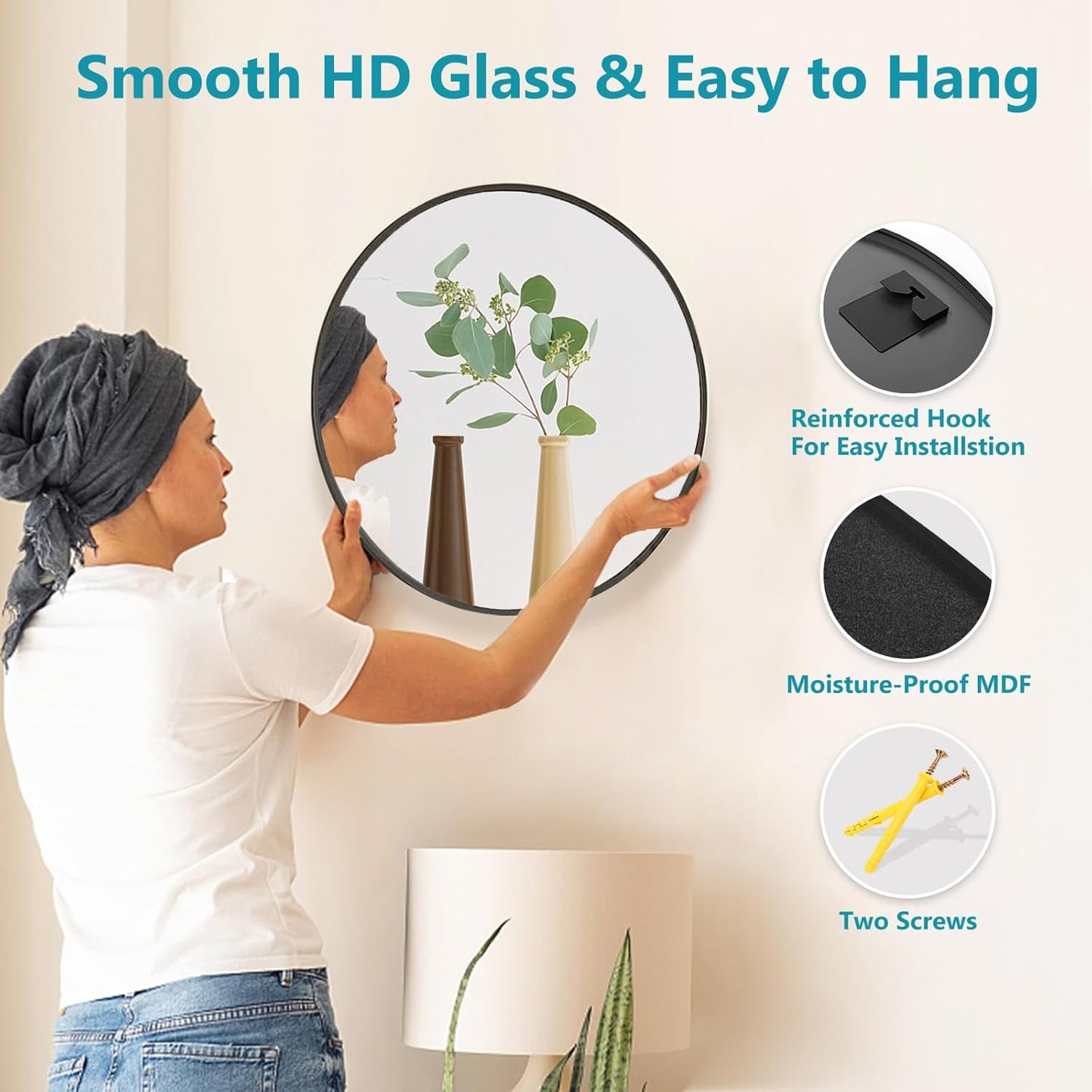 Fabuday Black Round Mirror for Wall 24 inch - Circle Mirror for Bathroom, Entryway, Living Room, Hallway, Vanity Decor, Big Matte Metal Frame Mirror