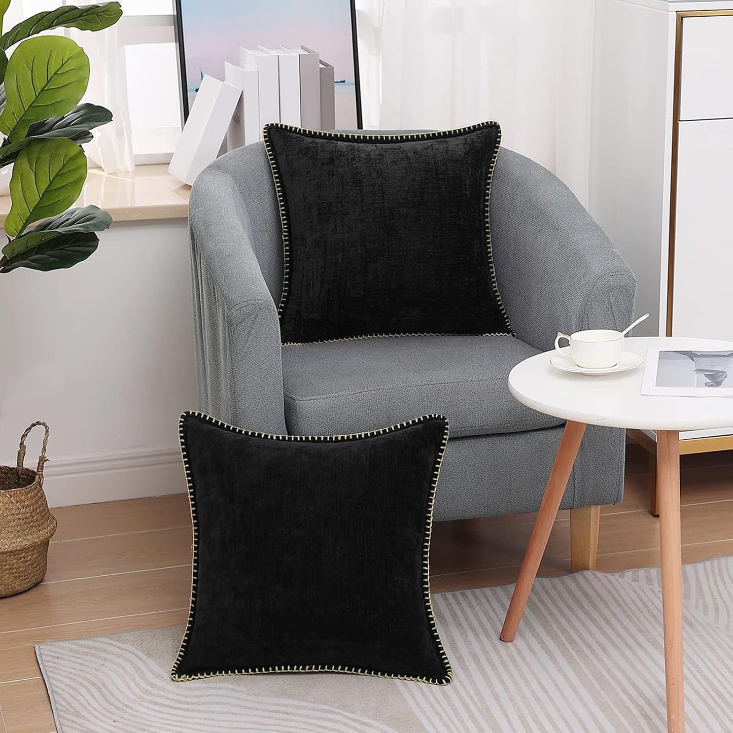 decorUhome Chenille Soft Throw Pillow Covers 26x26 Set of 2, Farmhouse Velvet Neutral Decorative Euro Pillow Covers with Stitched Edge for Couch Sofa Bed Home Decor, Black