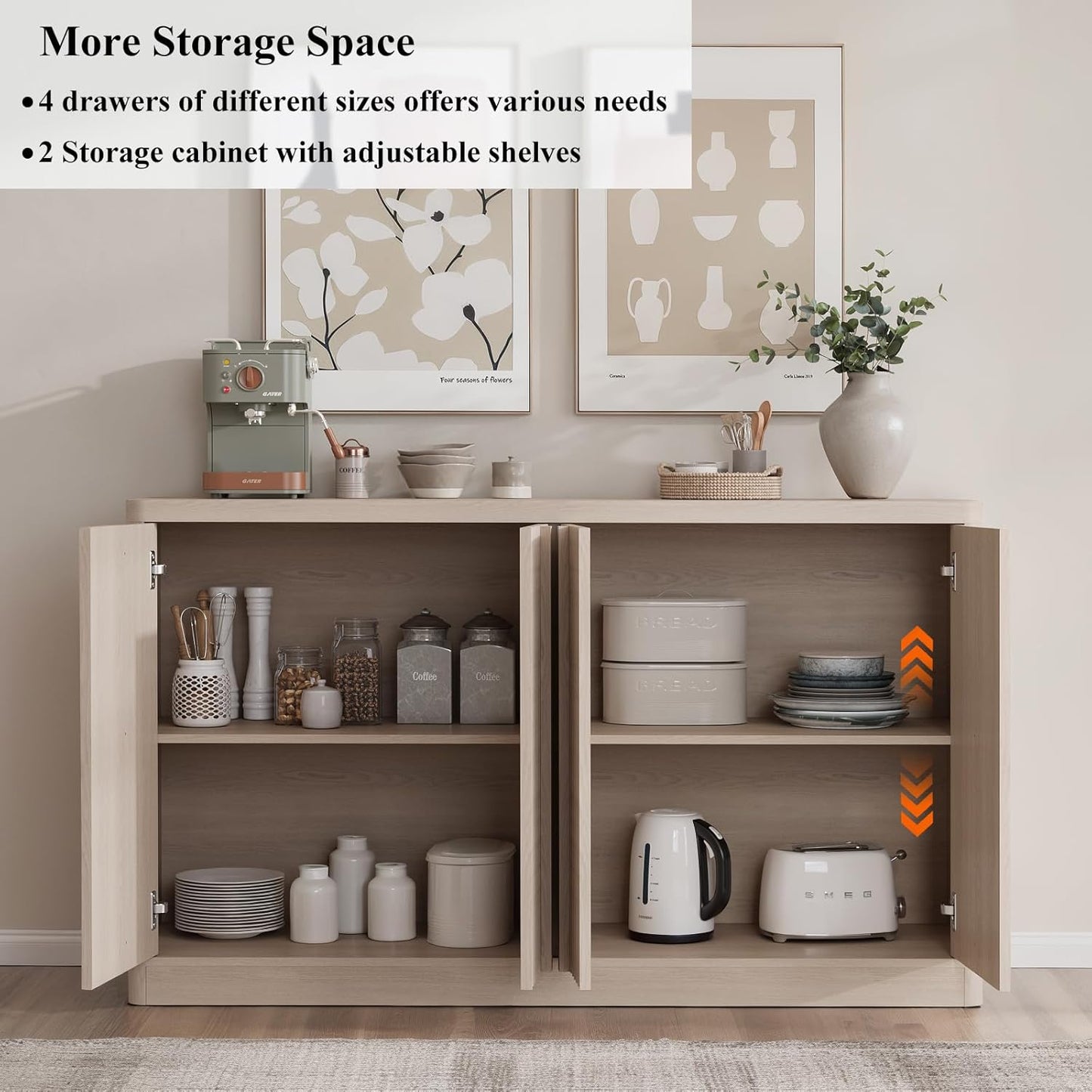 Fluted Buffet Cabinet with Storage, 120" Sideboard Buffet Storage Cabinet with 8 Doors & Solid Wood Handle, Coffee Bar Wood Credenza Cabinet for Kitchen, Dining Room, Living Room, Natural Oak(2PCS)