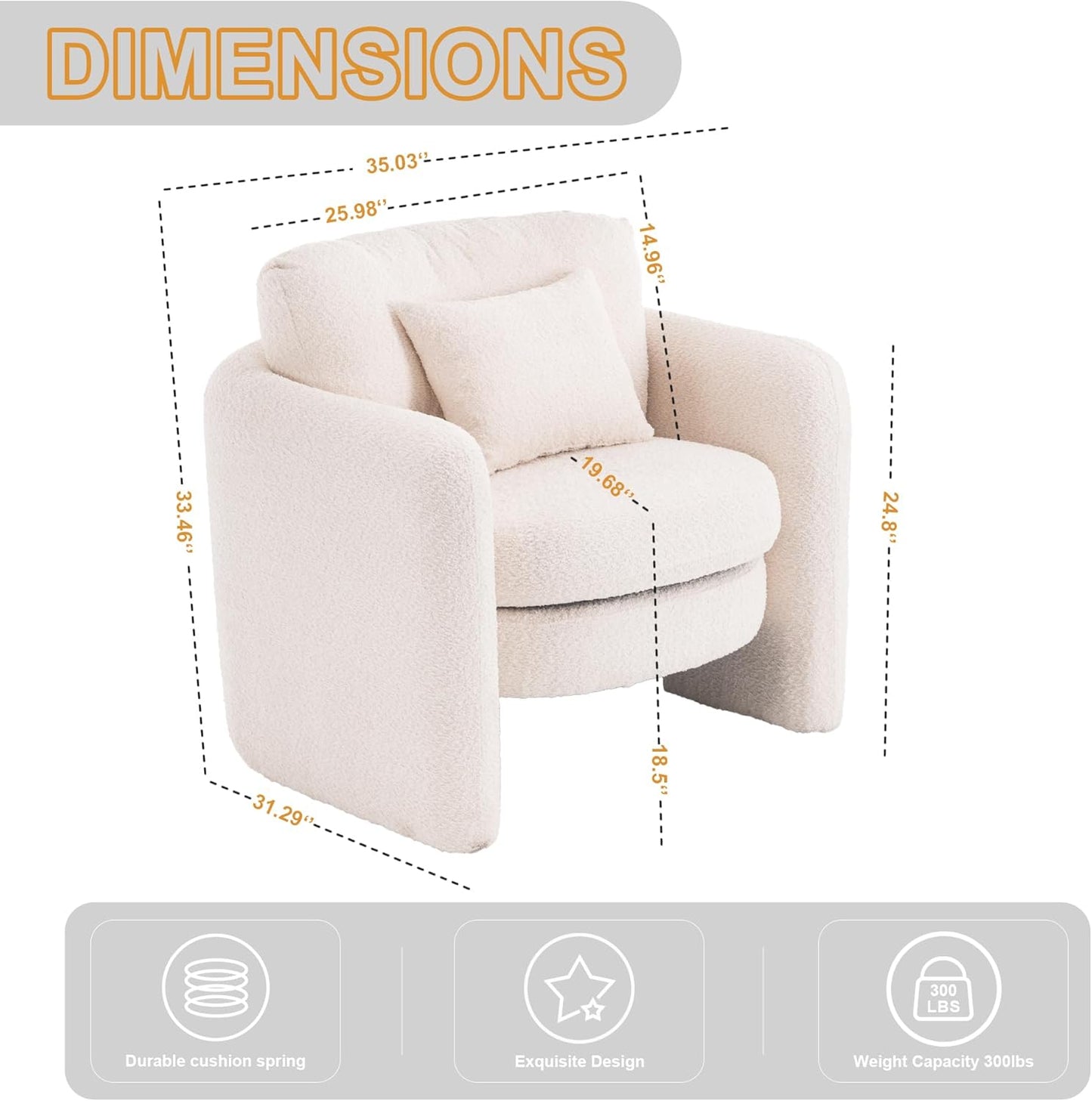 Chenille Accent Armchair Oversize Upholstered Barrel Comfy Modern Round Lounge Sofa Chair with Pillow Cozy Reading Chairs for Apartment,Office,Living Room,Dining,Makeup,Club,Beige 2SET