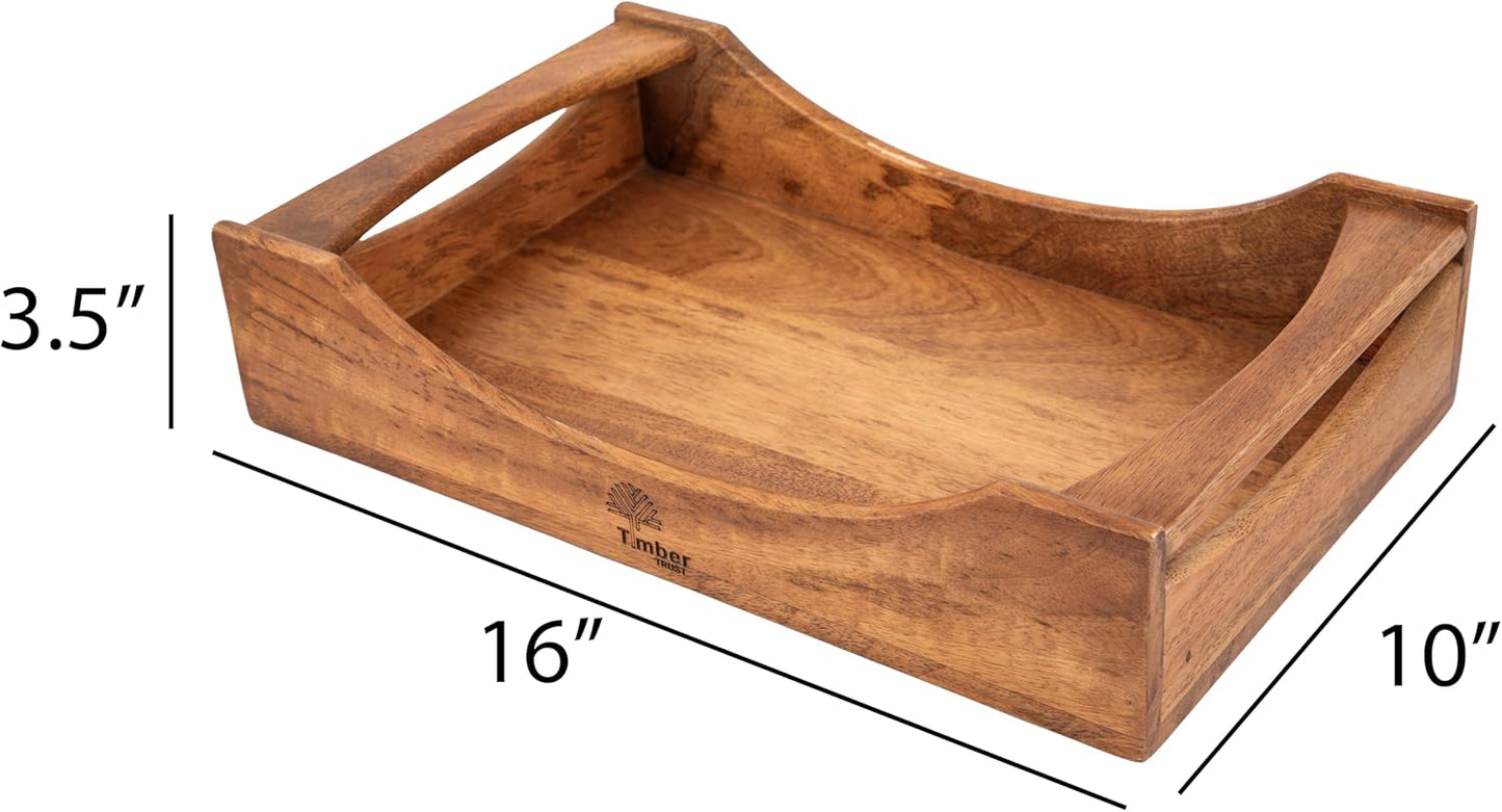 Wooden Serving Tray with Handles – Large 16"x10"x3.5" Mango Wood Decorative Rectangular Platter for Breakfast, Lunch, Dinner, Coffee & Tea – Ideal for Table, Lap, Couch, BBQ & Party Use