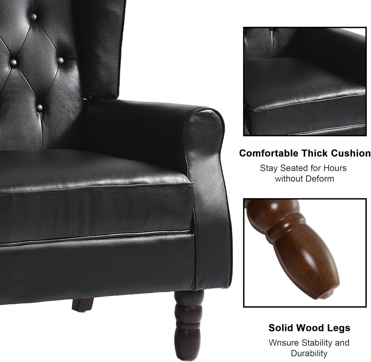 Accent Chair, Upholstered Armchair with Button Tufted High Back & Solid Wood Legs, Comfy Wingback Reading Single Sofa Chair for Small Spaces, Living Room, Bedroom (Leather Black, Set of 2)