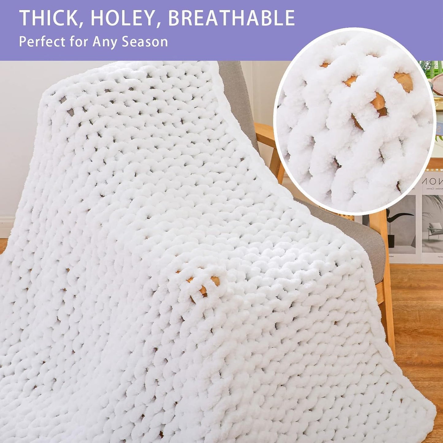 Bigacogo Chunky Knit Throw Blanket for Couch, 40x60 inches, 100% Hand Knitted with Thick Jumbo Chenille Yarn, Cozy Soft Large Rope Knot Cable Crochet Blankets for Sofa Bed Living Room, White