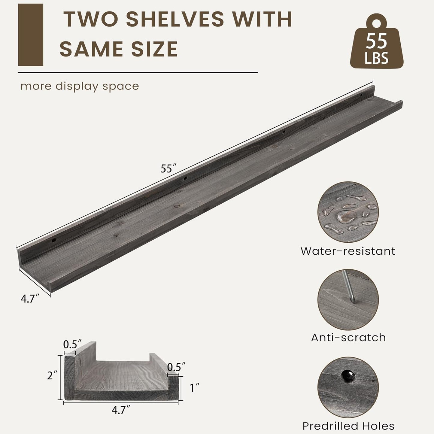 Floating Shelves for Wall, Picture Ledge Shelf 55 Inch Solid Wood Set of 2, Rustic Wall Shelves with Lip, Kids Bookshelf, Photo & Picture Live Edge Floating Shelves for Bedroom, Living Room, Kitchen