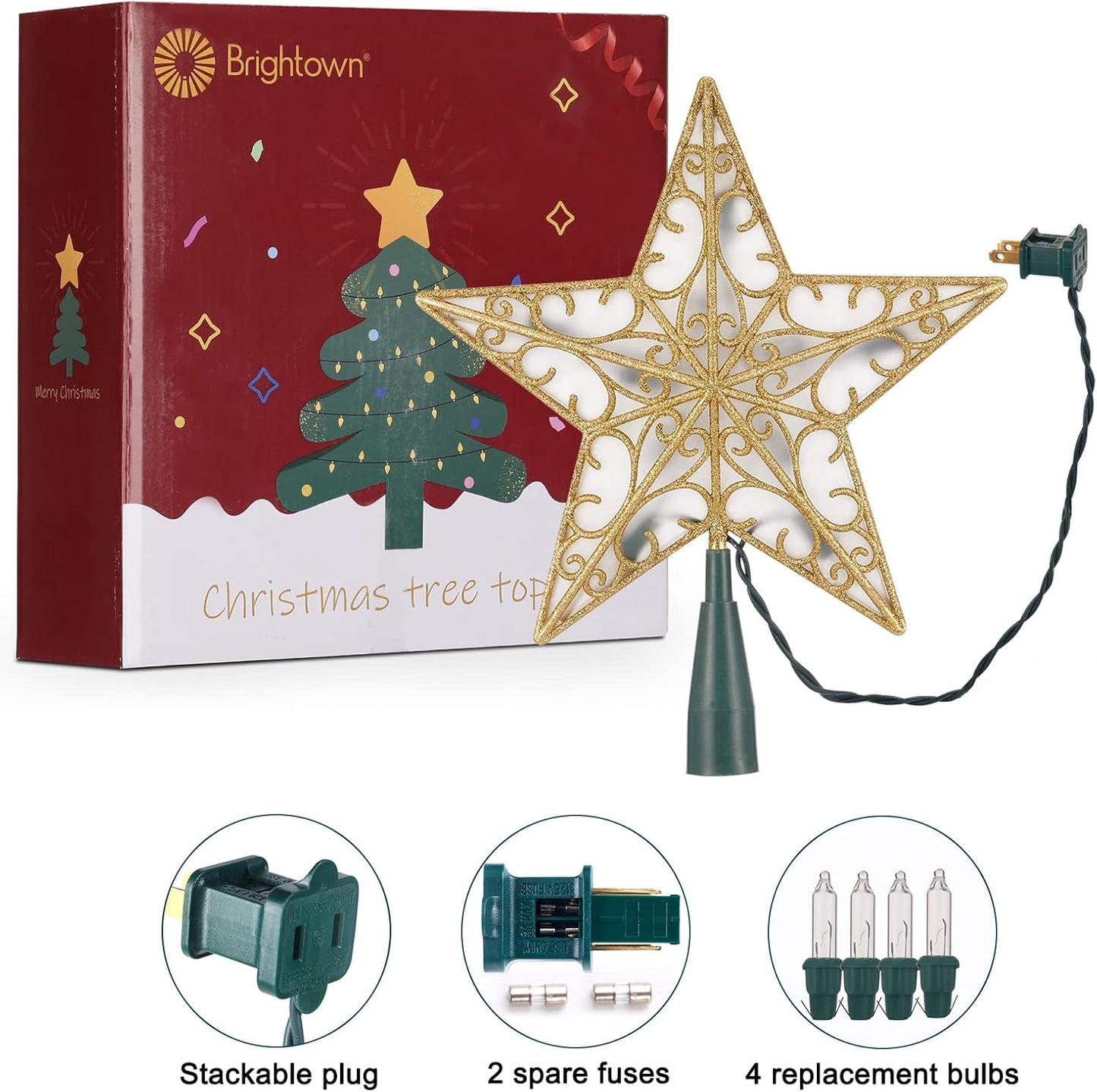 Christmas Star Tree Topper, 9.5 in Plug in Golden Glittered 3D Star Tree Topper, Metal Hollow Designed Built-in 10 Bulbs String Lights for Indoor Office Christmas New Year Holiday Tree Decoration