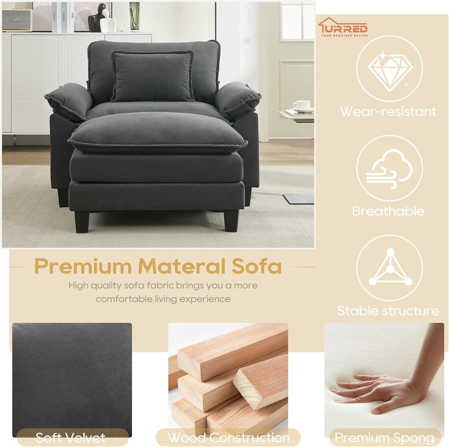 URRED Modular Sectional Sofa Comfy Cloud Couch, Modern Chenille Sofa Sleeper Deep Seat Couches with Ottoman/Pillows for Living Room (Dark Gray, 53''- Ottoman)