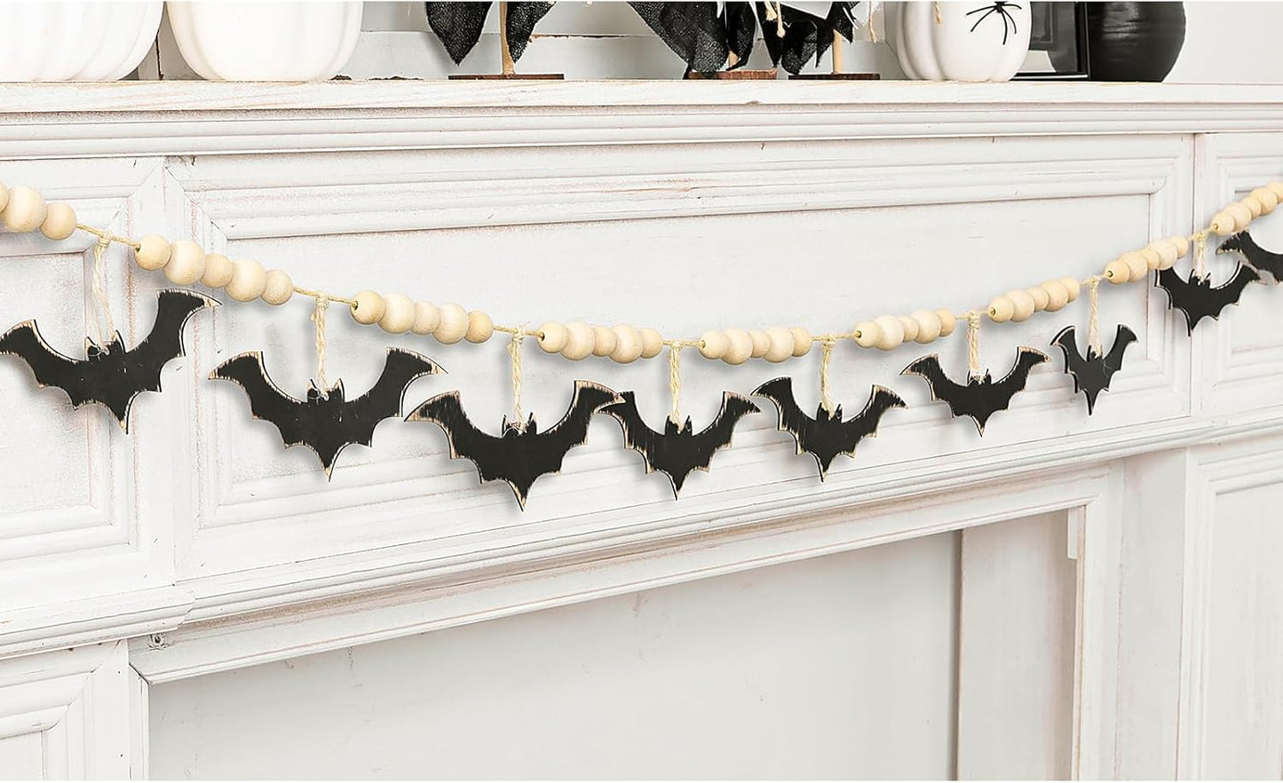 Halloween Garland, Farmhouse Wood Bats and Bead Garland for Halloween Decorations, Bat Banner for Wall Home Indoor Outdoor Black Halloween Decor Supplies