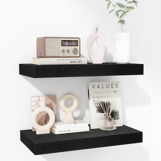 Fun Memories 16 Inch Floating Shelves - Deep Rustic Black Wooden Wall Shelves - Extra Deeper & Thicker Wall Mounted Storage Shelf for Bedroom, Kitchen, Farmhouse - 2 Pack, Rustic Black