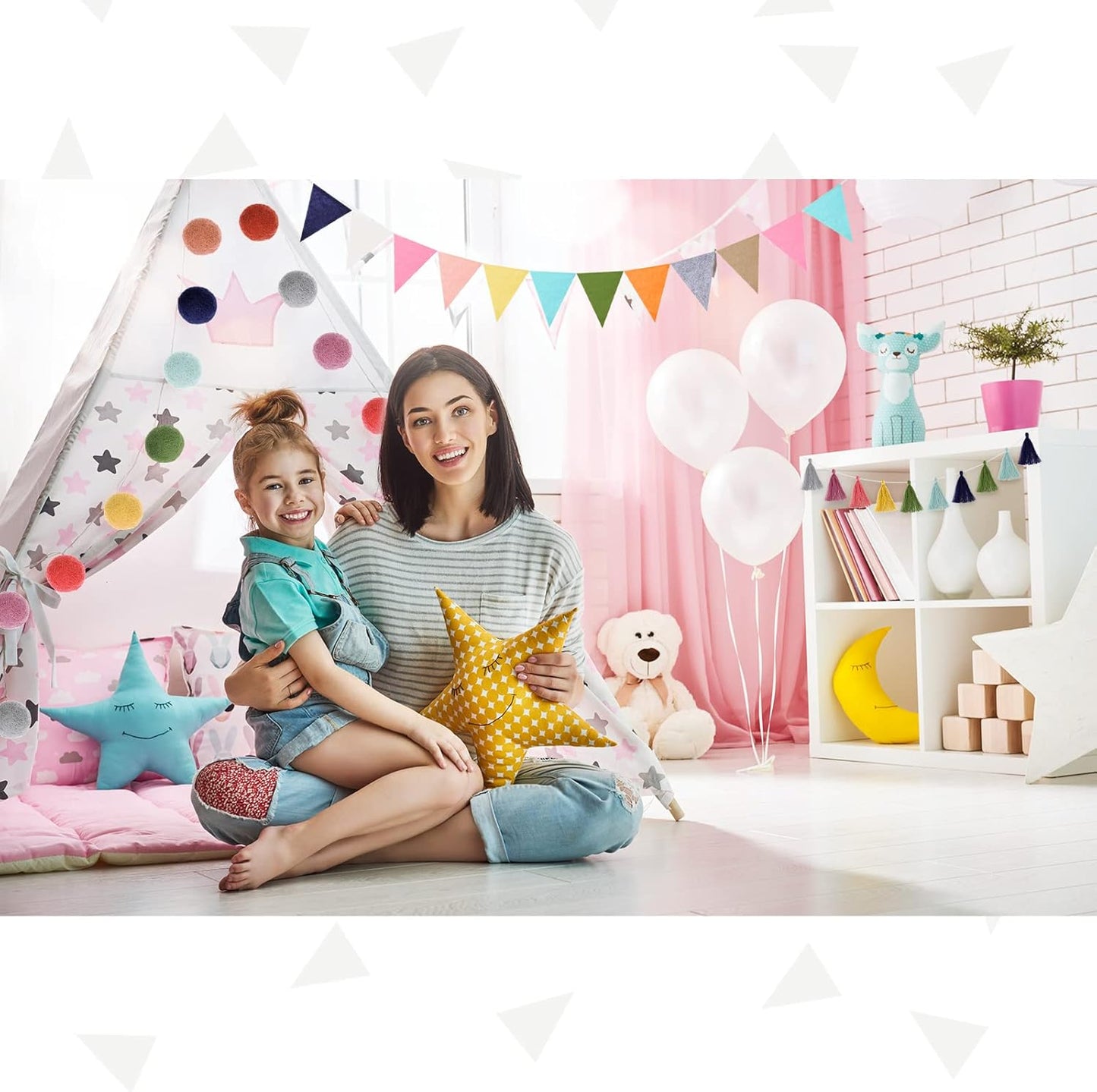 Irenare 9.8 ft Pom Pom Garland Felt Colorful Tassel Banner Christmas Party Pompoms Garland Decorations Felt Pennant Banner for Classroom Home Mantel Fireplace Birthday(Bright Color)