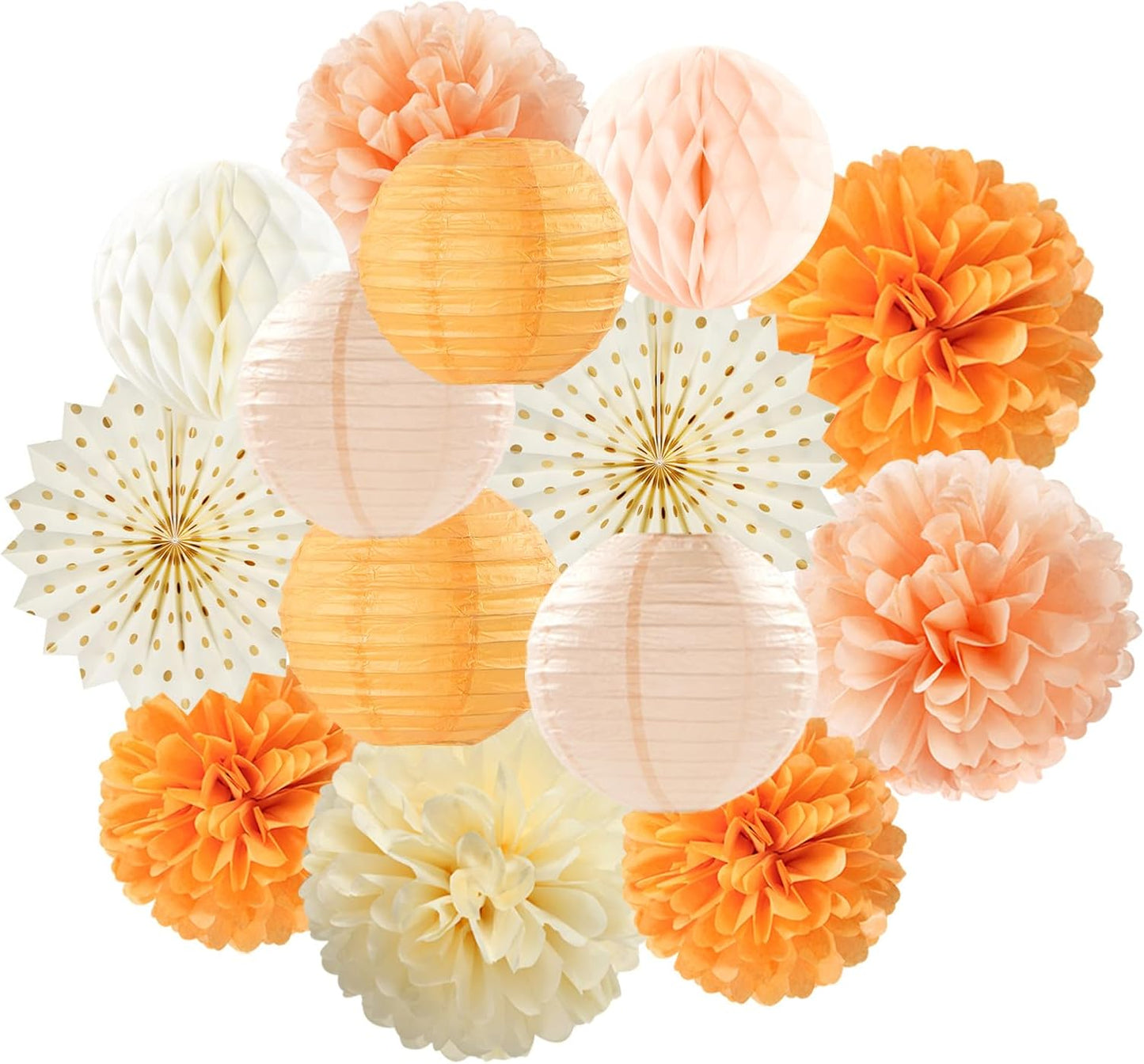 Beige-Orange Peach Fall Party-Decorations Paper-Lanterns- 14pcs Autumn Thanksgiving Harvest Birthday Boho Streamers Fan,Tissue Pom Poms, Baby Bridal Shower Wedding Engagement Decor Lasting Surprise