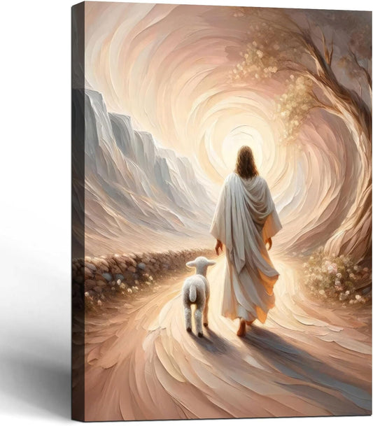 Framed Canvas Jesus and Lamb Wall Decor Wall Art Gallery Decoration Unique Print Wall Decor for Living Room Bedroom Church Home Decor 12x16 Inch Ready to Hang