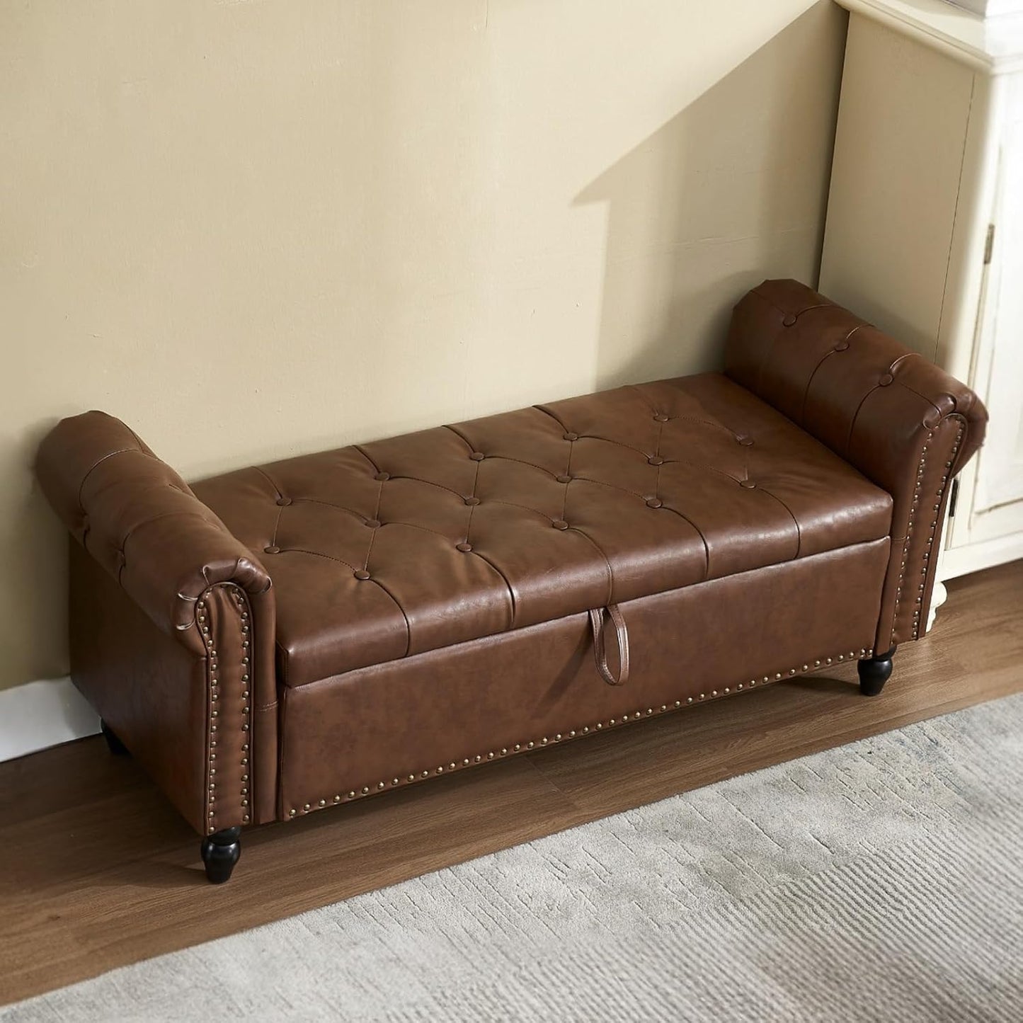 Furniliving 55” End of Bed Bench, Bedroom Bench with Button-Tufted, Large Upholstered Storage Ottoman Entryway Bench with Storage Shoe Cabinet Bench, for Bedroom, PU, Brown