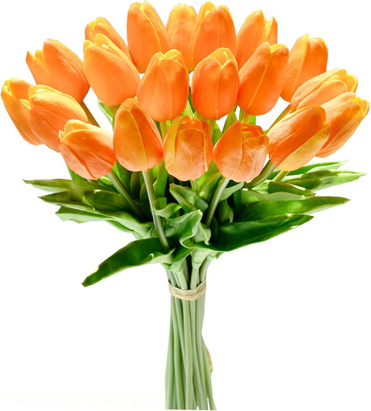 Mandy's Artificial Tulips 20 Stems Orange PU Faux Flowers for Wedding Home Decor 13.5 Inch