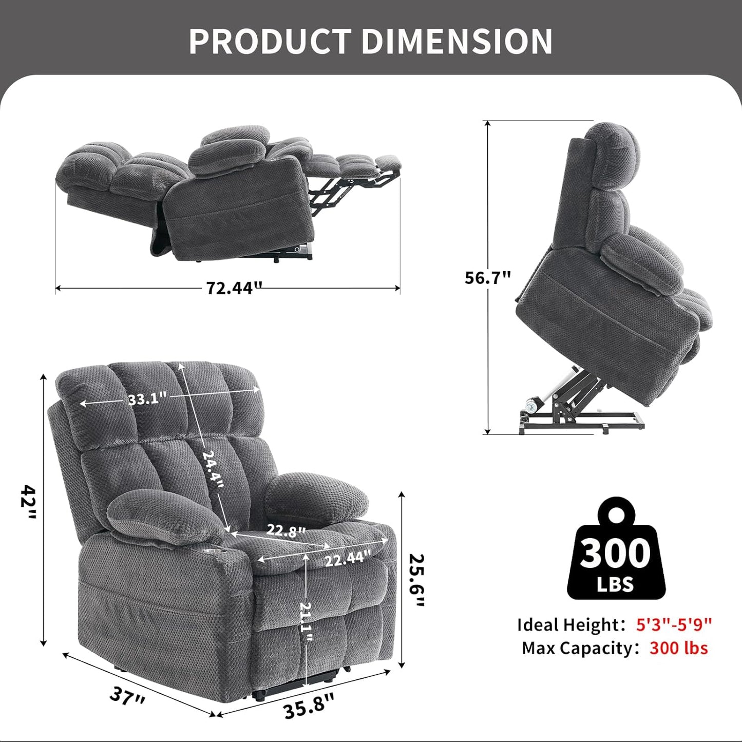 Dual Motor Power Lift Recliner Chair for Elderly,Electric Lift Chair with Adjustable Headrest, Heat and Massage,Lay Flat Recliner with Cup Holders,USB Ports,Type C,Zero Gravity, Grey
