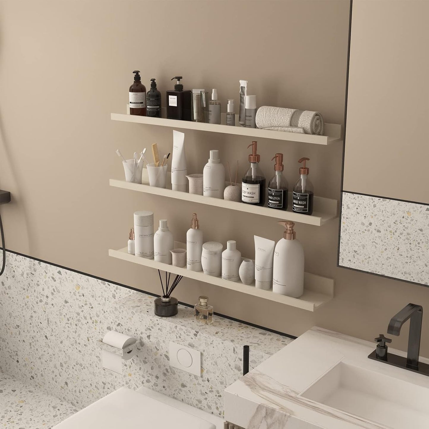 Giftgarden 36 Inch Floating Wall Shelves Creamy White Beige Wood-Grain, Large Picture Ledge Long Wooden Shelfs for Bedroom Living Room Kitchen Bathroom Nursery Office, Set of 3 Different Sizes