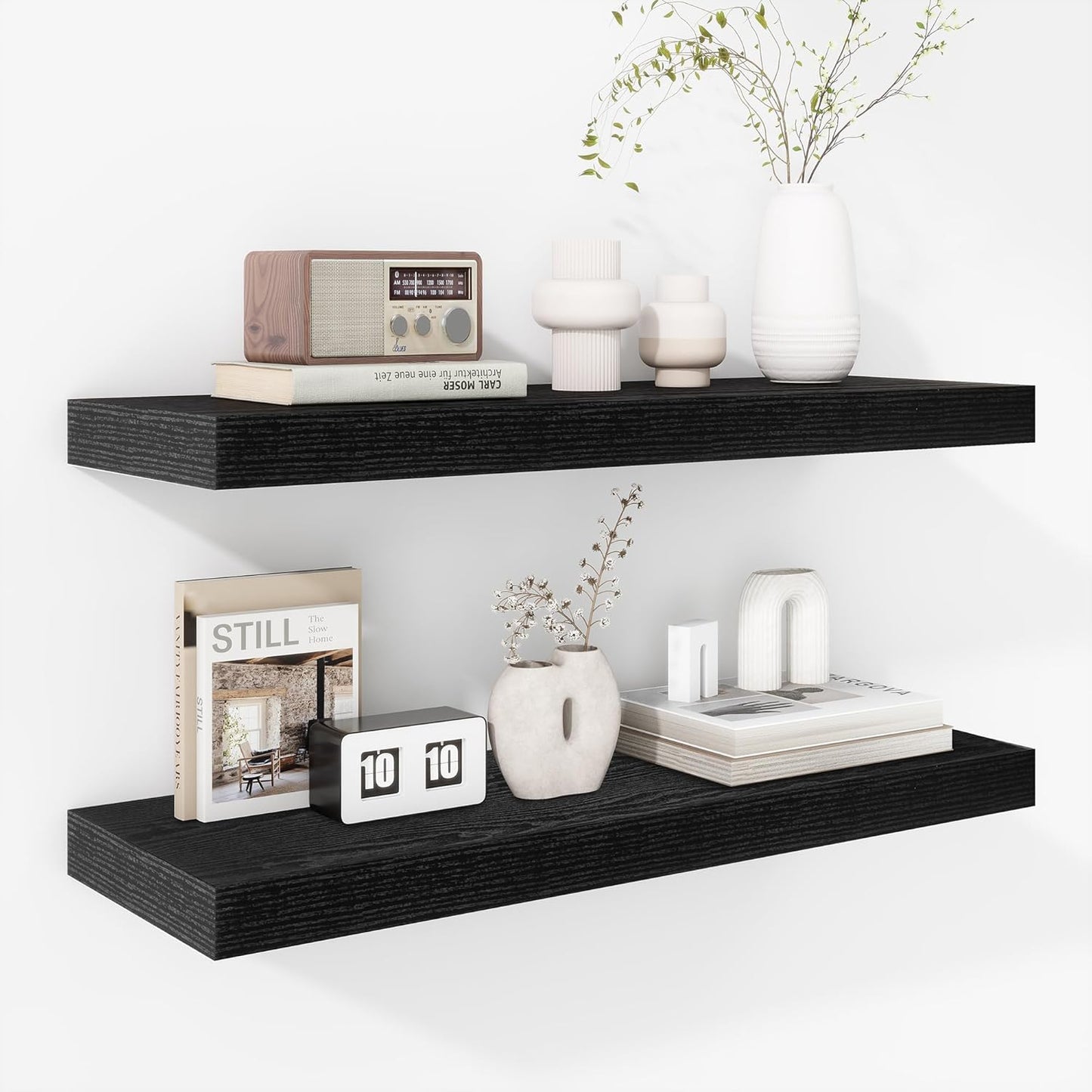 Fun Memories 24 Inch Floating Shelves - Deep Rustic Black Wooden Wall Shelves - Extra Deeper & Thicker Wall Mounted Storage Shelf for Bedroom, Kitchen, Farmhouse - 2 Pack, Rustic Black