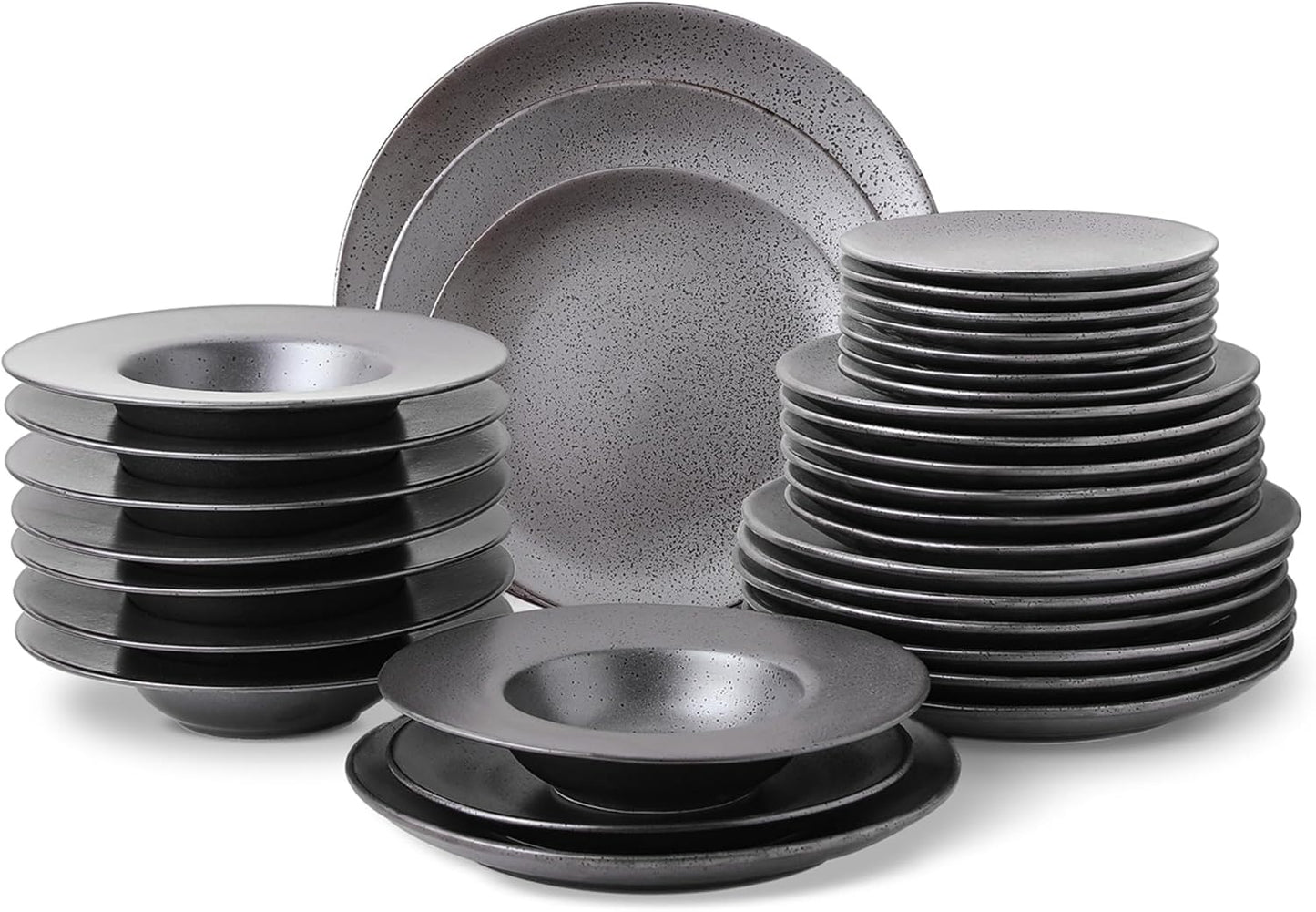 Stone Lain Valencia Porcelain 32-Piece Round Dinnerware Set, Plates and Bowls Set, Dish Set for 8, Metallic Grey