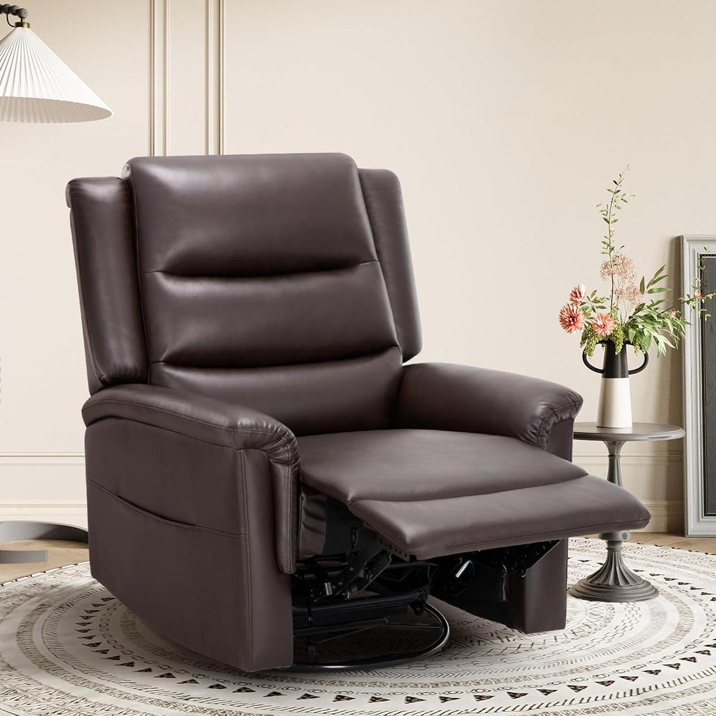 COLAMY Oversized Leather Recliner Chair, 360°Swivel Rocking Manual Recliner with Thick Cushioned Padding Backrest and Wide Seat - Darkbrown