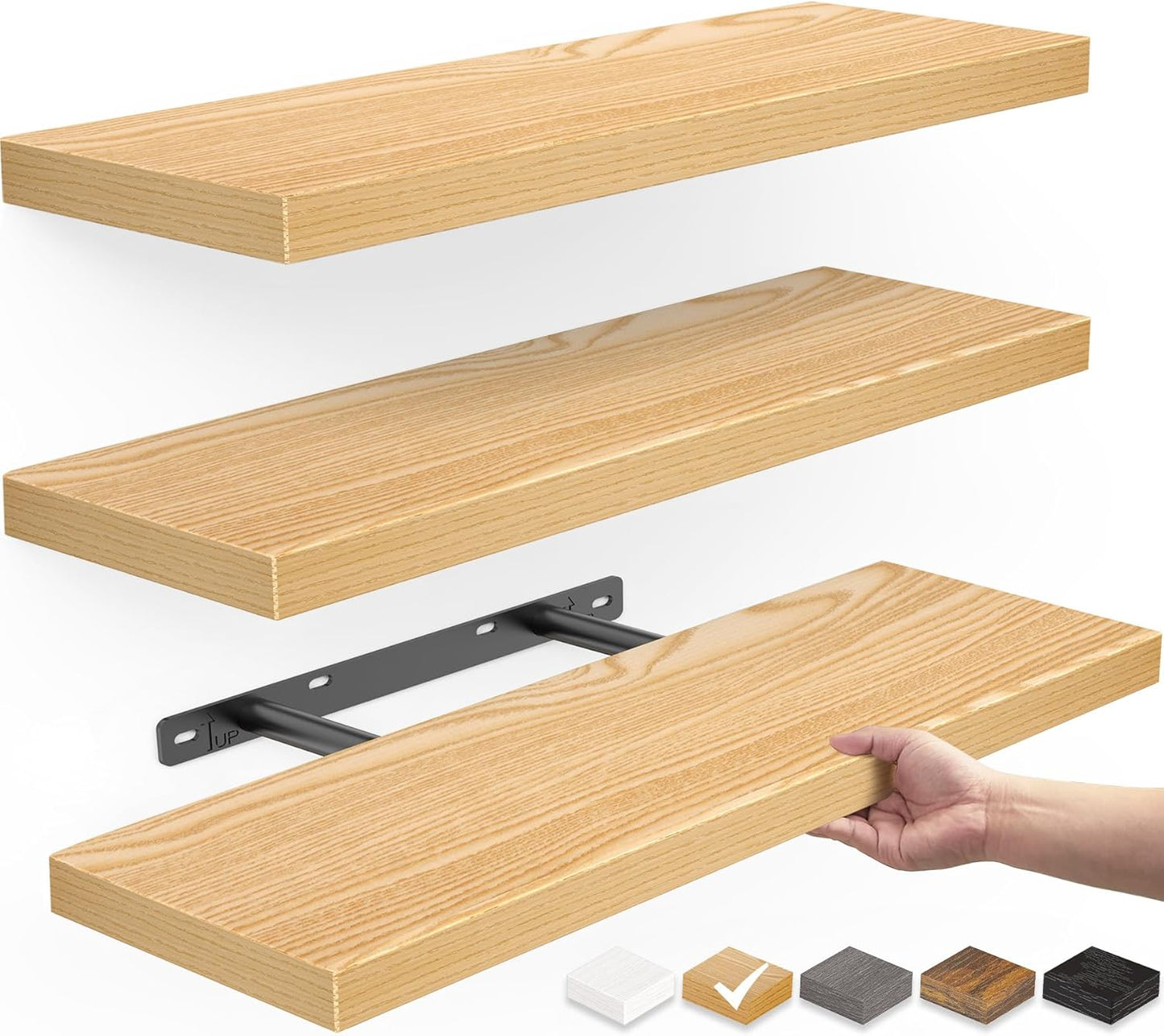 BAYKA Floating Shelves for Wall, Wall Mounted Rustic Wood Shelves for Bathroom, Bedroom, Living Room, Kitchen,Small Hanging Shelf for Books/Storage/Room Decor (Oak-Toned, Set of 3, 15.7in)