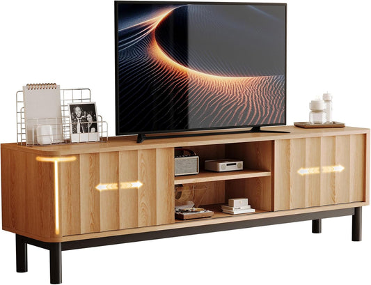 Brown Mid Century Modern TV Stand, Wood Fluted Living Room TV Stands with Storage Sliding Doors, Desert-Inspired Design MCM Entertainment Center for 55 60 65 70 75 55+ 60+ 65+ 70+ Inch