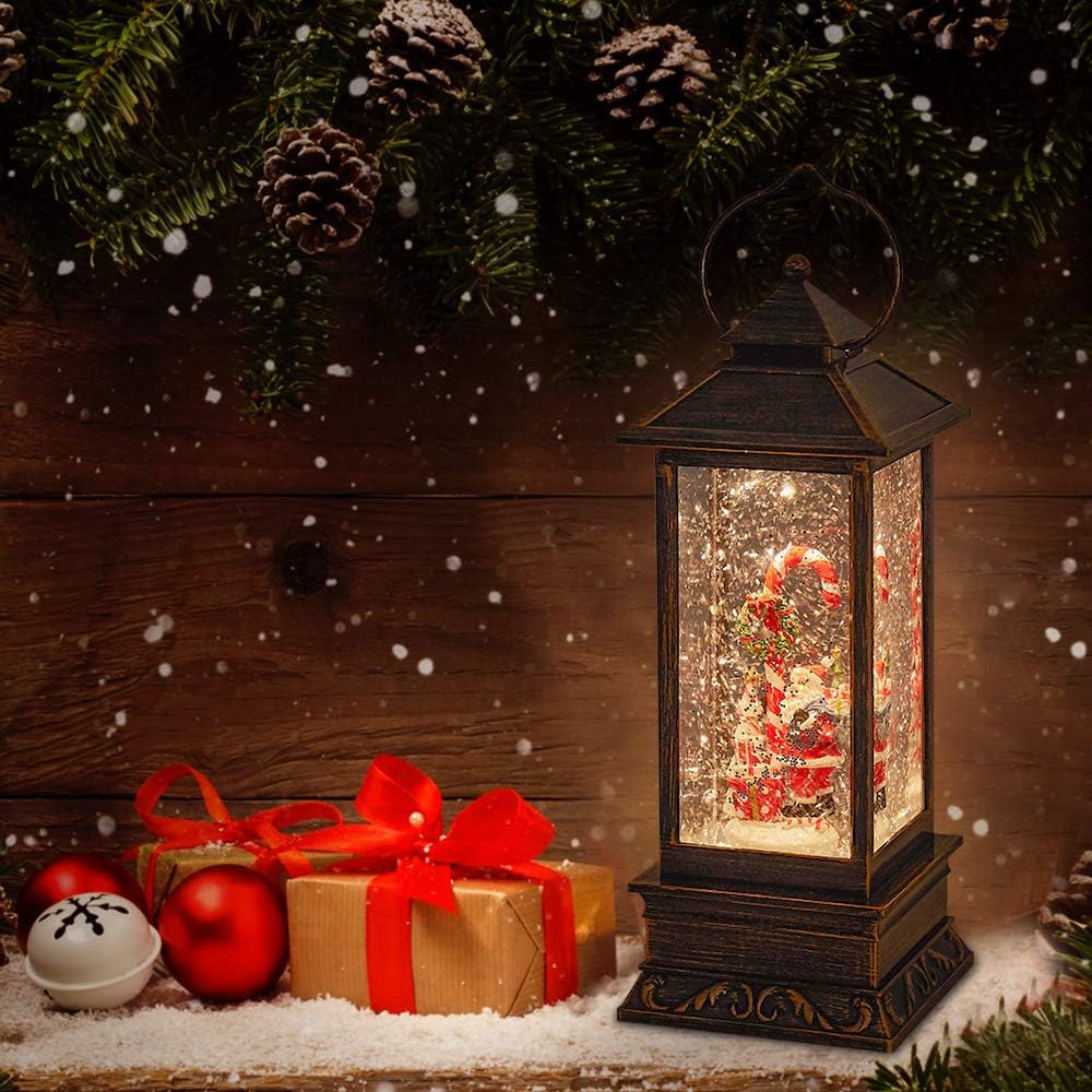 Christmas Musical Snow Globe Lantern, 12 Inch Spinning Glittering Lantern with 6 Hours Timer, USB Powered & Battery Operated for Christmas Decorations (Santa Claus and Candy Cane)