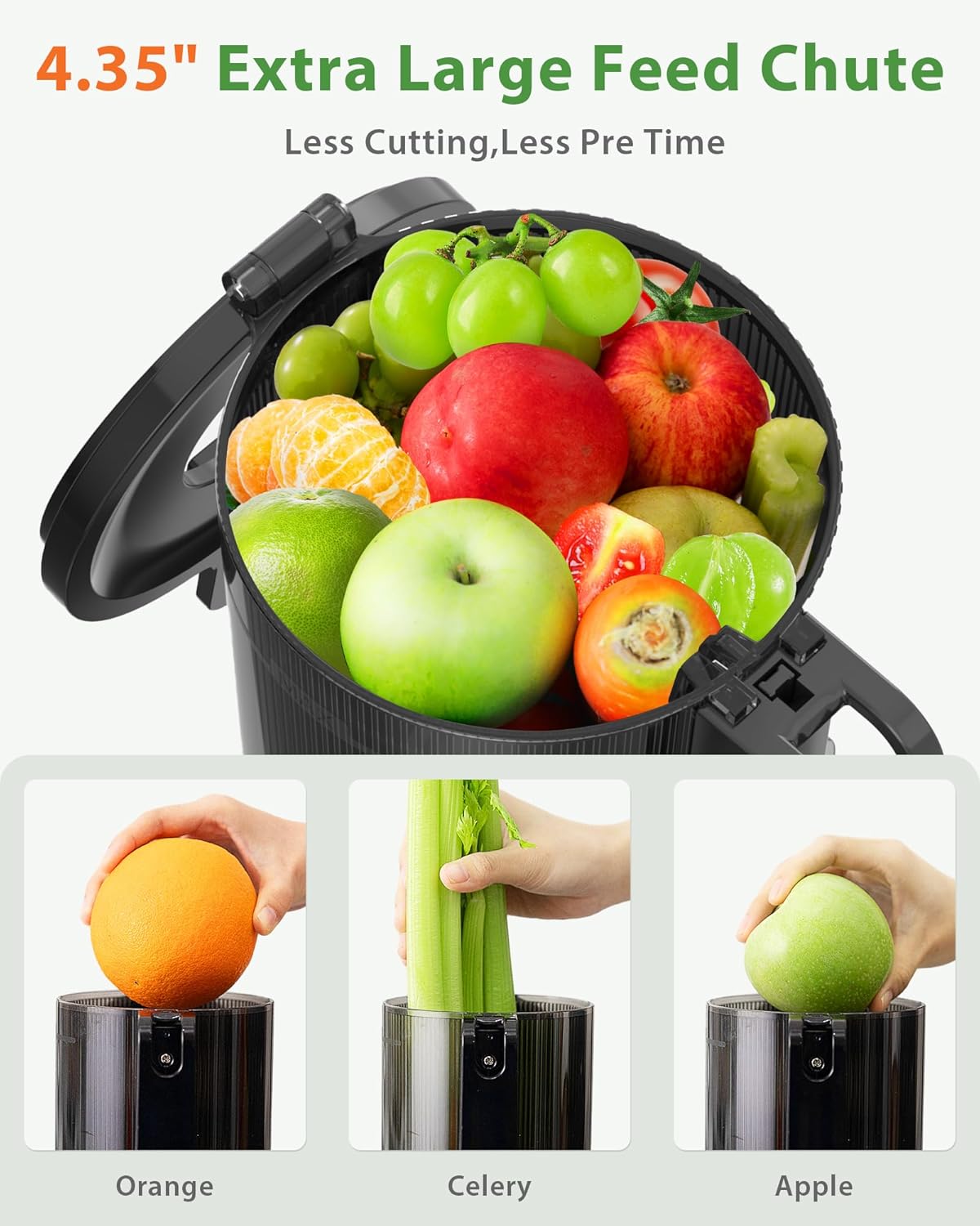 Cold Press Juicer, ECOSELF Juicer Machines with 4.35" Large Feed Chute Fit Whole Fruits & Vegetables, Self Feeding for Juice Extractor Machine, Easy to Clean and Assemble, High Juice Yield