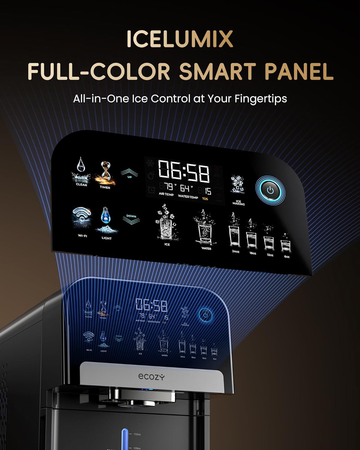 ecozy Nugget Ice Maker Dispenser, Smart 2-in-1 Pebble Ice Machine Countertop & Water Dispenser with App Control, Self-Cleaning, Auto Lighting, TDS Monitor, Measured Dispensing, 33Lbs/Day