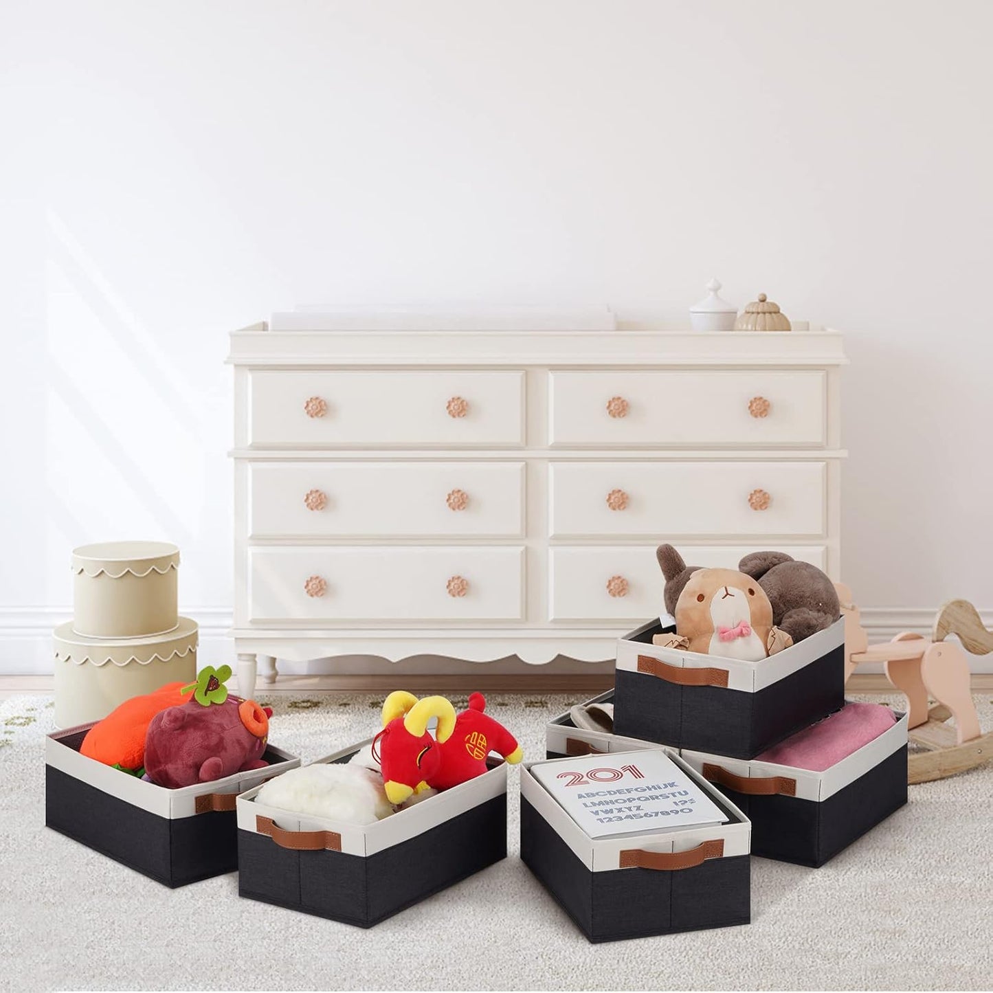 GhvyenntteS Storage Baskets for Organizing, Fabric Storage Bins with Leather H&les, Foldable Rectangular Storage Baskets for Shelves, Closets, Home, Office(Black/White, 6 Pack)11.8X7.9X5.1 in