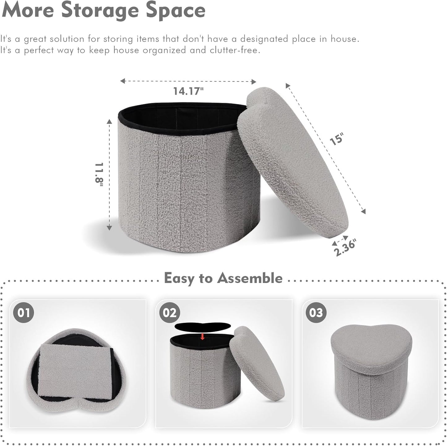 B FSOBEIIALEO Storage Ottoman Cube, Heart Shaped Ottomans with Storage Foot Stool Footrest for Lving Room, Boucle Ottoman Seat for Dorm Room,Faux Teddy Fur, Grey 15"x15"x15"