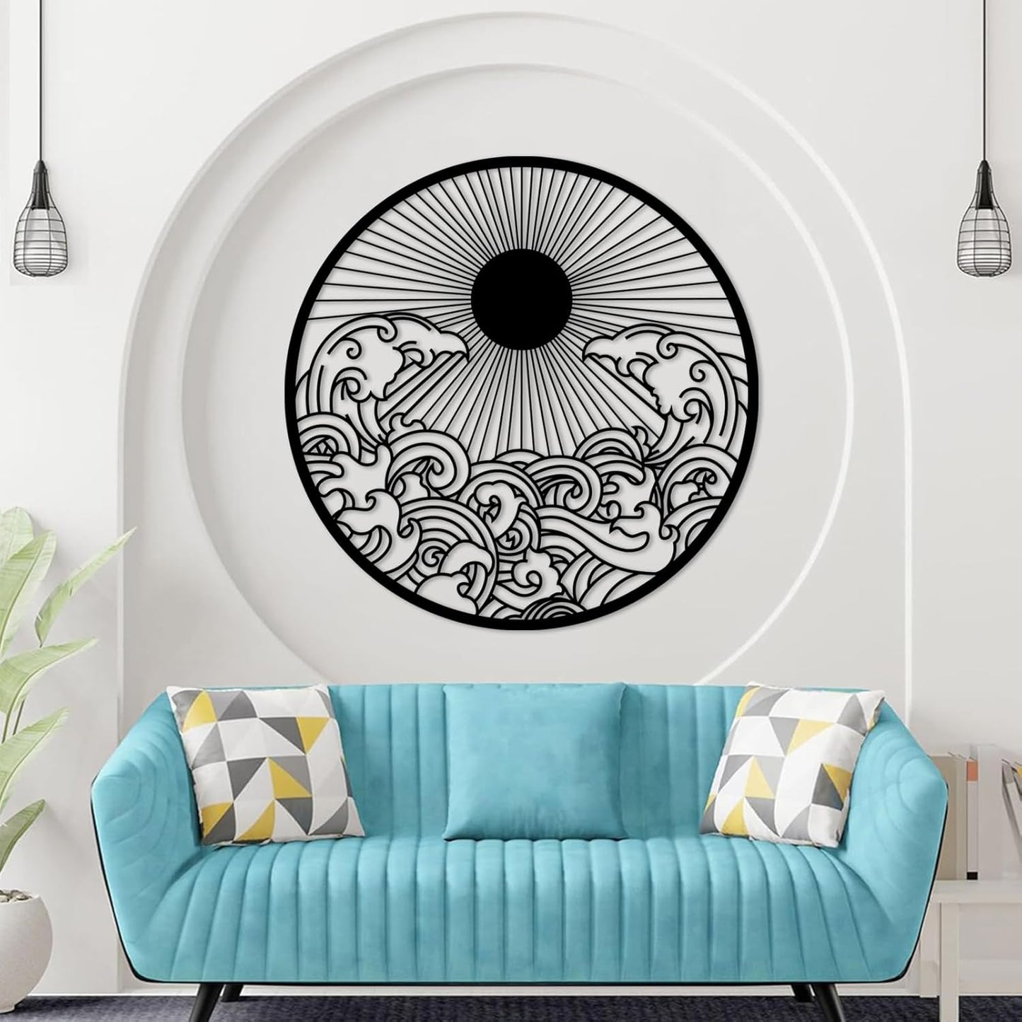 flyoak Metal Sun Wall Decor Outdoor, Sunrise Metal Wall Art, Metal Wave Wall Art, Sunrise and Wave Wall Decor, Sunburst Wall Art, Sunset Wall Art, Wall Hangings for Bedroom (Black, 39x39in|100x100cm)