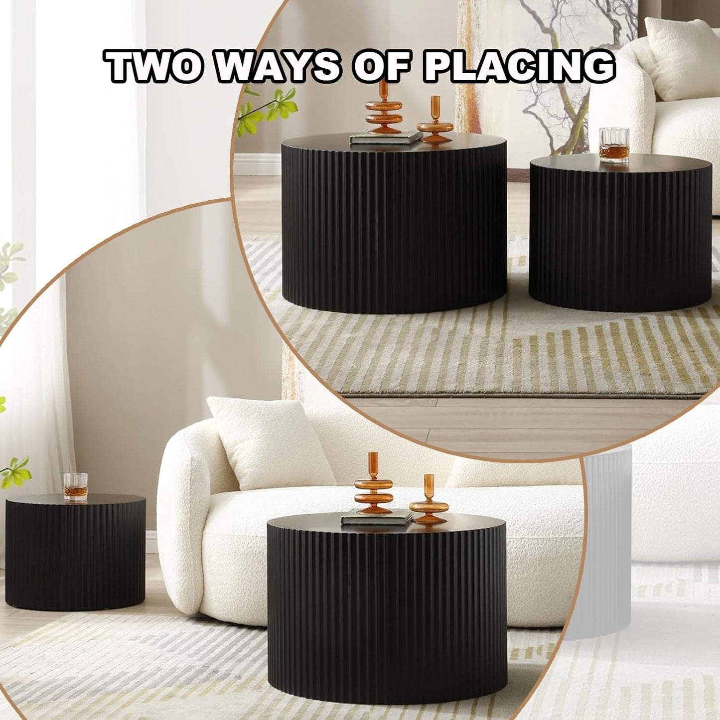 Nesting Coffee Table Set of 2 Modern Black Handcraft Fluted Coffee and End Table Sets Wooden Drum Small Round Side Table Funky Center Tables for Living Room,No Assembly,Black Large