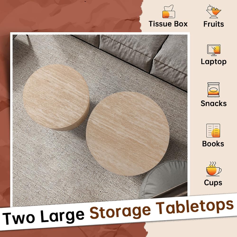 Round Nesting Coffee Table Set of 2 Modern Small Round Coffee Table Travertine Side Table Small End Table Circular Coffee Tables Circle Nested Coffee Tables for Living Room (Travertine)