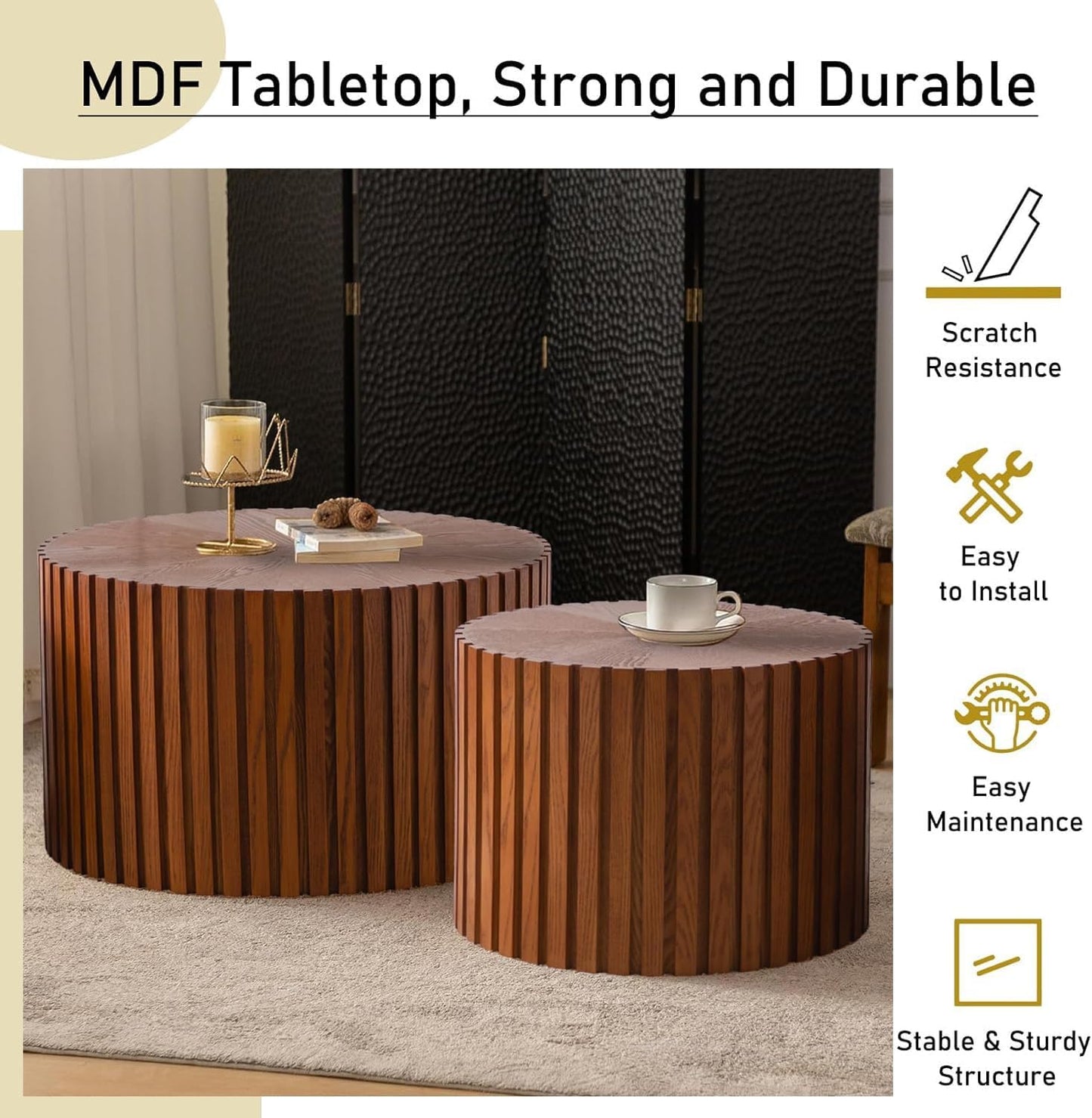 Round Nesting Coffee Table Set of 2 Handcraft Circle Fluted Nesting Coffee Tables Circular Side Table Drum Accent End Tables for Living Room Bedroom (Brown Large)